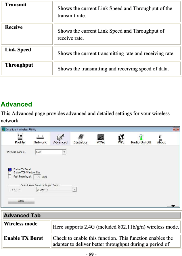 -59 -Transmit Shows the current Link Speed and Throughput of the transmit rate. Receive  Shows the current Link Speed and Throughput of receive rate. Link Speed  Shows the current transmitting rate and receiving rate. Throughput  Shows the transmitting and receiving speed of data. AdvancedThis Advanced page provides advanced and detailed settings for your wireless network.Advanced Tab Wireless mode  Here supports 2.4G (included 802.11b/g/n) wireless mode. Enable TX Burst  Check to enable this function. This function enables the adapter to deliver better throughput during a period of 