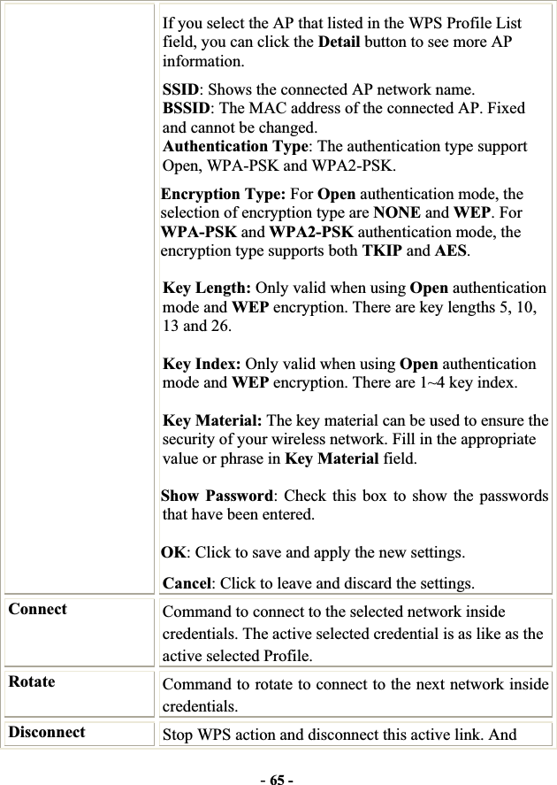 -65 -If you select the AP that listed in the WPS Profile List field, you can click the Detail button to see more AP information.SSID: Shows the connected AP network name. BSSID: The MAC address of the connected AP. Fixed and cannot be changed. Authentication Type: The authentication type support Open, WPA-PSK and WPA2-PSK.   Encryption Type: For Open authentication mode, the selection of encryption type are NONE and WEP. For WPA-PSK and WPA2-PSK authentication mode, the encryption type supports both TKIP and AES.Key Length: Only valid when using Open authentication mode and WEP encryption. There are key lengths 5, 10, 13 and 26. Key Index: Only valid when using Open authentication mode and WEP encryption. There are 1~4 key index.   Key Material: The key material can be used to ensure the security of your wireless network. Fill in the appropriate value or phrase in Key Material field.   Show Password: Check this box to show the passwords that have been entered. OK: Click to save and apply the new settings. Cancel: Click to leave and discard the settings. Connect  Command to connect to the selected network inside credentials. The active selected credential is as like as the active selected Profile. Rotate Command to rotate to connect to the next network inside credentials. Disconnect  Stop WPS action and disconnect this active link. And 