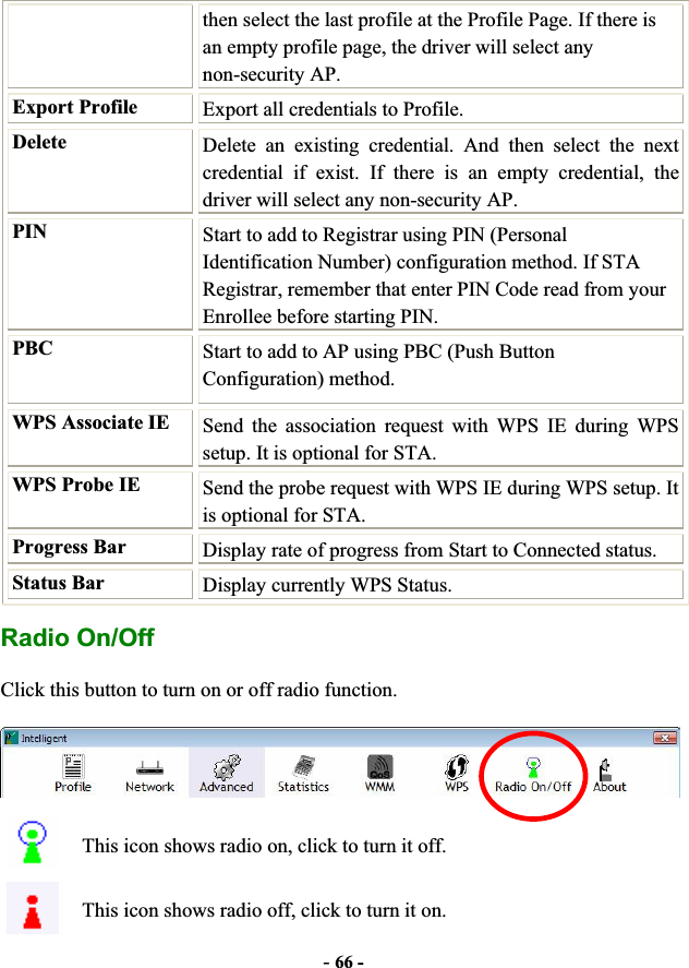 -66 -then select the last profile at the Profile Page. If there is an empty profile page, the driver will select any non-security AP. Export Profile  Export all credentials to Profile. Delete Delete an existing credential. And then select the next credential if exist. If there is an empty credential, the driver will select any non-security AP. PIN Start to add to Registrar using PIN (Personal Identification Number) configuration method. If STA Registrar, remember that enter PIN Code read from your Enrollee before starting PIN. PBC Start to add to AP using PBC (Push Button Configuration) method. WPS Associate IE  Send the association request with WPS IE during WPS setup. It is optional for STA. WPS Probe IE  Send the probe request with WPS IE during WPS setup. It is optional for STA. Progress Bar  Display rate of progress from Start to Connected status. Status Bar  Display currently WPS Status. Radio On/Off Click this button to turn on or off radio function. This icon shows radio on, click to turn it off. This icon shows radio off, click to turn it on. 