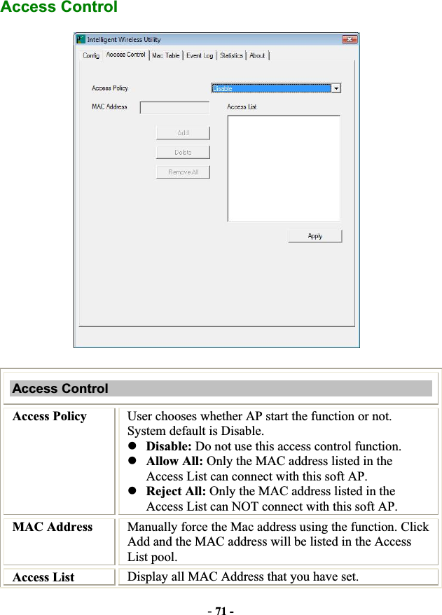 -71 -Access Control Access Control Access Policy  User chooses whether AP start the function or not. System default is Disable. zDisable: Do not use this access control function. zAllow All: Only the MAC address listed in the Access List can connect with this soft AP. zReject All: Only the MAC address listed in the Access List can NOT connect with this soft AP. MAC Address  Manually force the Mac address using the function. Click Add and the MAC address will be listed in the Access List pool. Access List  Display all MAC Address that you have set. 