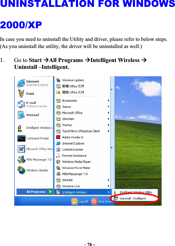 -76 -UNINSTALLATION FOR WINDOWS 2000/XP  In case you need to uninstall the Utility and driver, please refer to below steps. (As you uninstall the utility, the driver will be uninstalled as well.) 1. Go to StartÆAll Programs ÆIntelligent Wireless ÆUninstall –Intelligent.