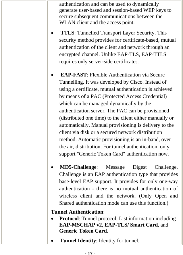  - 17 - authentication and can be used to dynamically generate user-based and session-based WEP keys to secure subsequent communications between the WLAN client and the access point. • TTLS: Tunnelled Transport Layer Security. This security method provides for certificate-based, mutual authentication of the client and network through an encrypted channel. Unlike EAP-TLS, EAP-TTLS requires only server-side certificates. • EAP-FAST: Flexible Authentication via Secure Tunnelling. It was developed by Cisco. Instead of using a certificate, mutual authentication is achieved by means of a PAC (Protected Access Credential) which can be managed dynamically by the authentication server. The PAC can be provisioned (distributed one time) to the client either manually or automatically. Manual provisioning is delivery to the client via disk or a secured network distribution method. Automatic provisioning is an in-band, over the air, distribution. For tunnel authentication, only support &quot;Generic Token Card&quot; authentication now. • MD5-Challenge: Message Digest Challenge. Challenge is an EAP authentication type that provides base-level EAP support. It provides for only one-way authentication - there is no mutual authentication of wireless client and the network. (Only Open and Shared authentication mode can use this function.) Tunnel Authentication: • Protocol: Tunnel protocol, List information including EAP-MSCHAP v2, EAP-TLS/ Smart Card, and Generic Token Card. • Tunnel Identity: Identity for tunnel.   