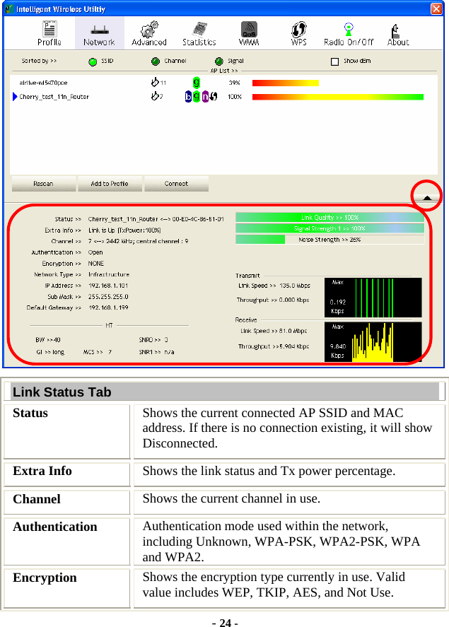  - 24 -  Link Status Tab Status  Shows the current connected AP SSID and MAC address. If there is no connection existing, it will show Disconnected. Extra Info  Shows the link status and Tx power percentage. Channel  Shows the current channel in use. Authentication  Authentication mode used within the network, including Unknown, WPA-PSK, WPA2-PSK, WPA and WPA2. Encryption  Shows the encryption type currently in use. Valid value includes WEP, TKIP, AES, and Not Use. 