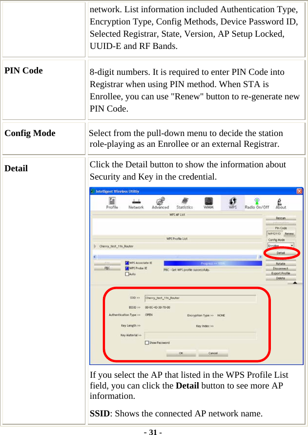  - 31 - network. List information included Authentication Type, Encryption Type, Config Methods, Device Password ID, Selected Registrar, State, Version, AP Setup Locked, UUID-E and RF Bands. PIN Code  8-digit numbers. It is required to enter PIN Code into Registrar when using PIN method. When STA is Enrollee, you can use &quot;Renew&quot; button to re-generate new PIN Code. Config Mode  Select from the pull-down menu to decide the station role-playing as an Enrollee or an external Registrar. Detail  Click the Detail button to show the information about Security and Key in the credential.  If you select the AP that listed in the WPS Profile List field, you can click the Detail button to see more AP information. SSID: Shows the connected AP network name. 