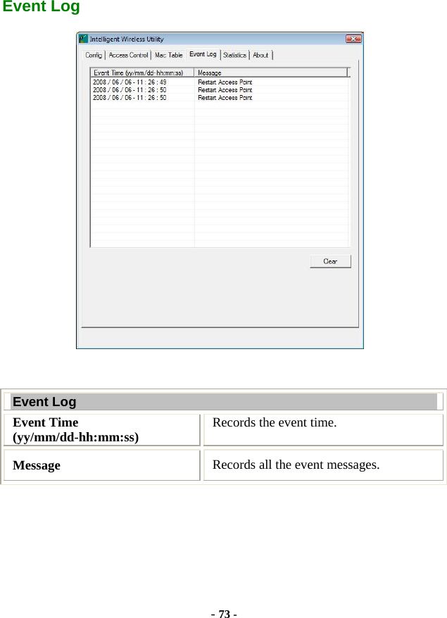  - 73 - Event Log   Event Log Event Time (yy/mm/dd-hh:mm:ss)  Records the event time. Message  Records all the event messages.     