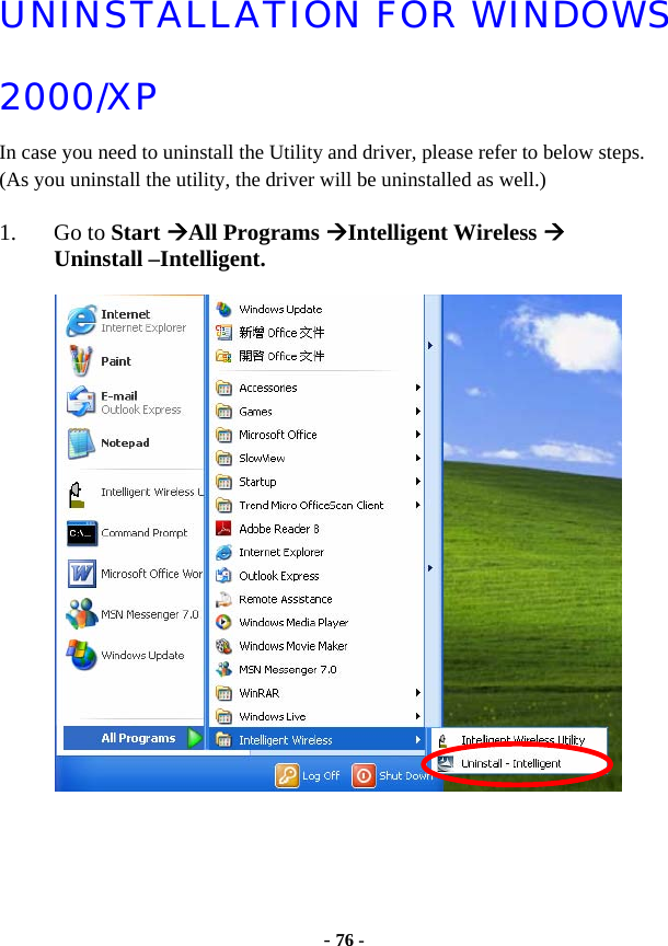  - 76 - UNINSTALLATION FOR WINDOWS 2000/XP  In case you need to uninstall the Utility and driver, please refer to below steps. (As you uninstall the utility, the driver will be uninstalled as well.)  1. Go to Start ÆAll Programs ÆIntelligent Wireless Æ Uninstall –Intelligent.     