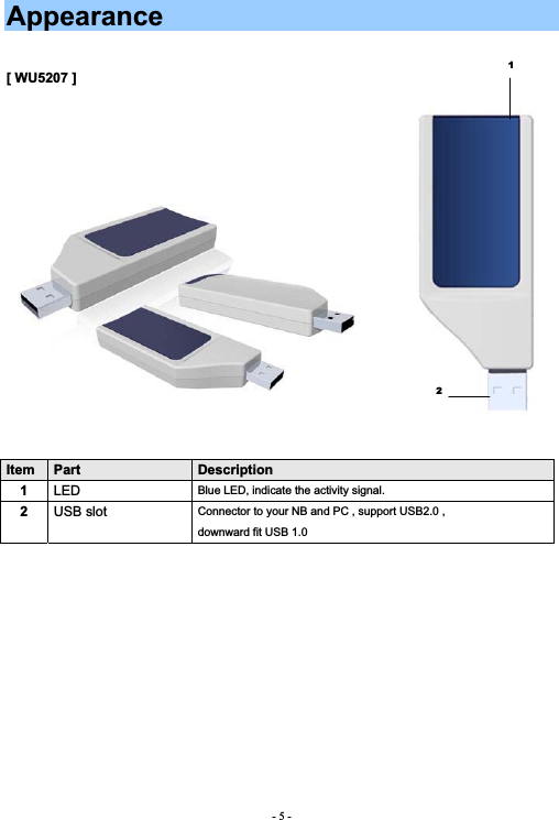 - 5 -Appearance[ WU5207 ]     Item Part Description1LED Blue LED, indicate the activity signal. 2USB slot  Connector to your NB and PC , support USB2.0 ,   downward fit USB 1.0   12