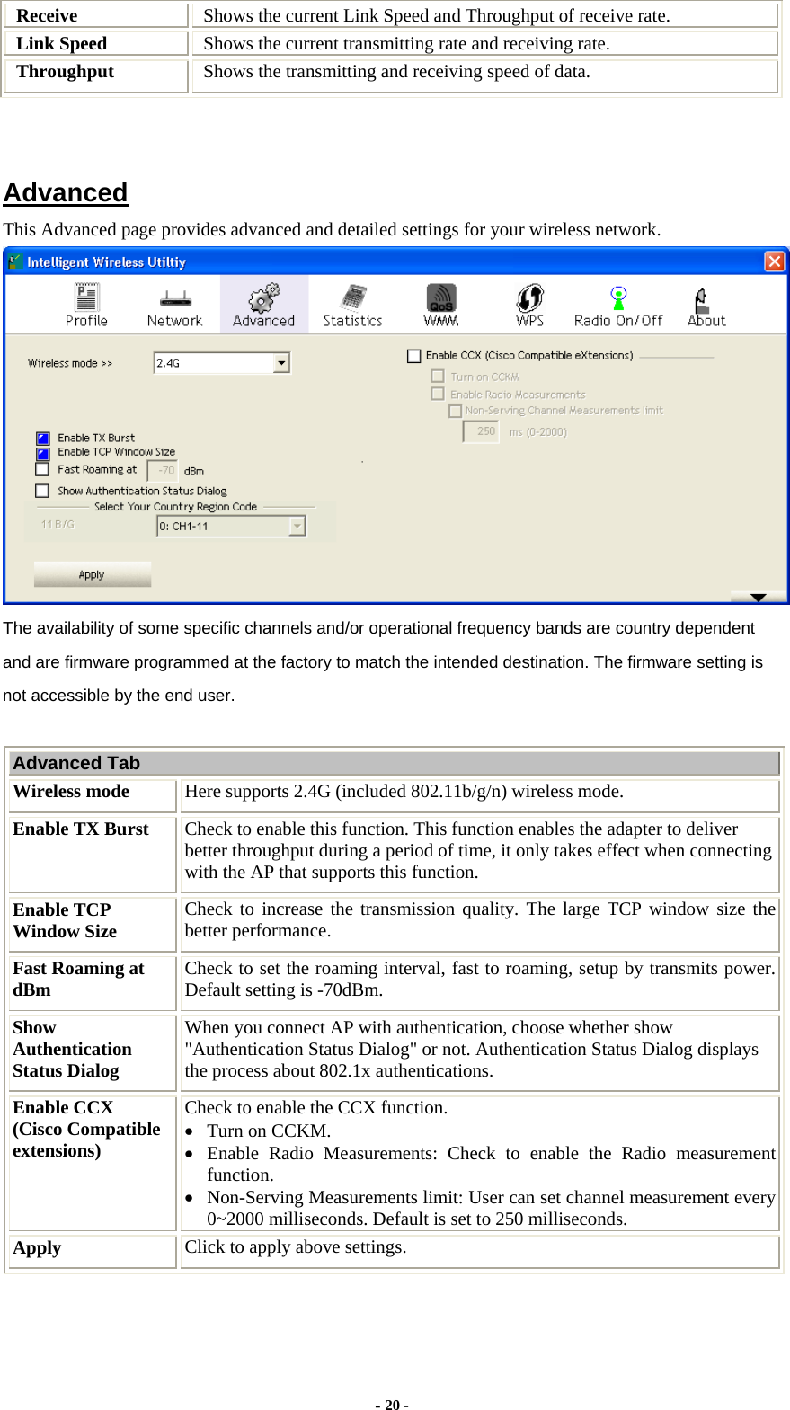  Receive  Shows the current Link Speed and Throughput of receive rate. Link Speed  Shows the current transmitting rate and receiving rate. Throughput  Shows the transmitting and receiving speed of data.   Advanced This Advanced page provides advanced and detailed settings for your wireless network.  The availability of some specific channels and/or operational frequency bands are country dependent and are firmware programmed at the factory to match the intended destination. The firmware setting is not accessible by the end user.  Advanced Tab Wireless mode  Here supports 2.4G (included 802.11b/g/n) wireless mode. Enable TX Burst  Check to enable this function. This function enables the adapter to deliver better throughput during a period of time, it only takes effect when connecting with the AP that supports this function. Enable TCP Window Size  Check to increase the transmission quality. The large TCP window size the better performance. Fast Roaming at dBm  Check to set the roaming interval, fast to roaming, setup by transmits power. Default setting is -70dBm. Show Authentication Status Dialog When you connect AP with authentication, choose whether show &quot;Authentication Status Dialog&quot; or not. Authentication Status Dialog displays the process about 802.1x authentications. Enable CCX   (Cisco Compatible extensions) Check to enable the CCX function.     • Turn on CCKM. • Enable Radio Measurements: Check to enable the Radio measurement function. • Non-Serving Measurements limit: User can set channel measurement every 0~2000 milliseconds. Default is set to 250 milliseconds. Apply  Click to apply above settings.  - 20 - 