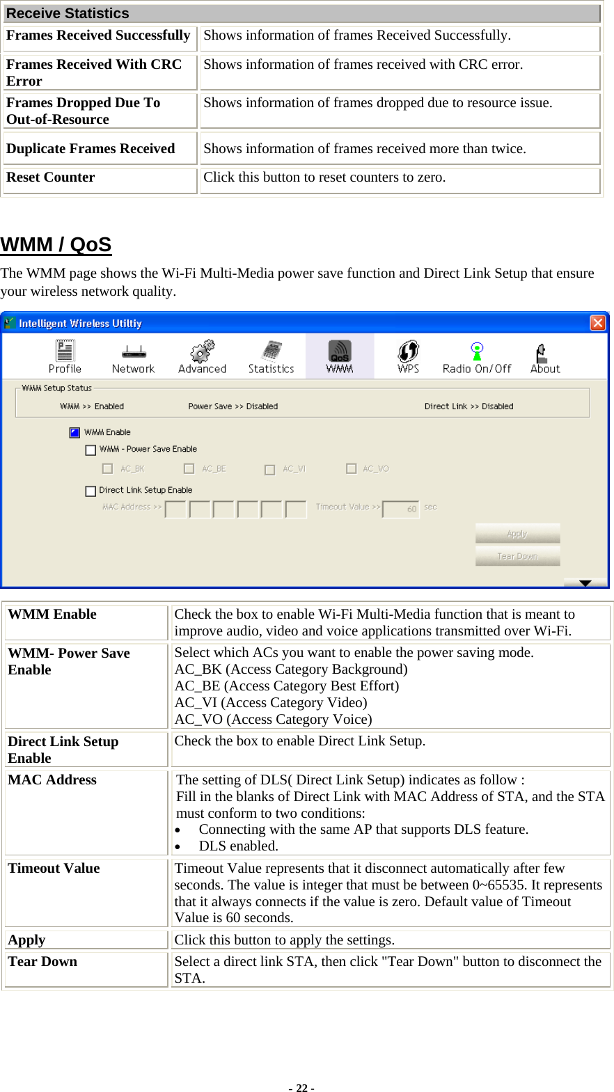  Receive Statistics Frames Received Successfully  Shows information of frames Received Successfully. Frames Received With CRC Error  Shows information of frames received with CRC error. Frames Dropped Due To Out-of-Resource  Shows information of frames dropped due to resource issue. Duplicate Frames Received  Shows information of frames received more than twice. Reset Counter  Click this button to reset counters to zero.  WMM / QoS The WMM page shows the Wi-Fi Multi-Media power save function and Direct Link Setup that ensure your wireless network quality.  WMM Enable  Check the box to enable Wi-Fi Multi-Media function that is meant to improve audio, video and voice applications transmitted over Wi-Fi. WMM- Power Save Enable  Select which ACs you want to enable the power saving mode. AC_BK (Access Category Background) AC_BE (Access Category Best Effort) AC_VI (Access Category Video) AC_VO (Access Category Voice) Direct Link Setup Enable  Check the box to enable Direct Link Setup. MAC Address  The setting of DLS( Direct Link Setup) indicates as follow : Fill in the blanks of Direct Link with MAC Address of STA, and the STA must conform to two conditions: • Connecting with the same AP that supports DLS feature. • DLS enabled. Timeout Value  Timeout Value represents that it disconnect automatically after few seconds. The value is integer that must be between 0~65535. It represents that it always connects if the value is zero. Default value of Timeout Value is 60 seconds. Apply  Click this button to apply the settings. Tear Down  Select a direct link STA, then click &quot;Tear Down&quot; button to disconnect the STA.  - 22 - 