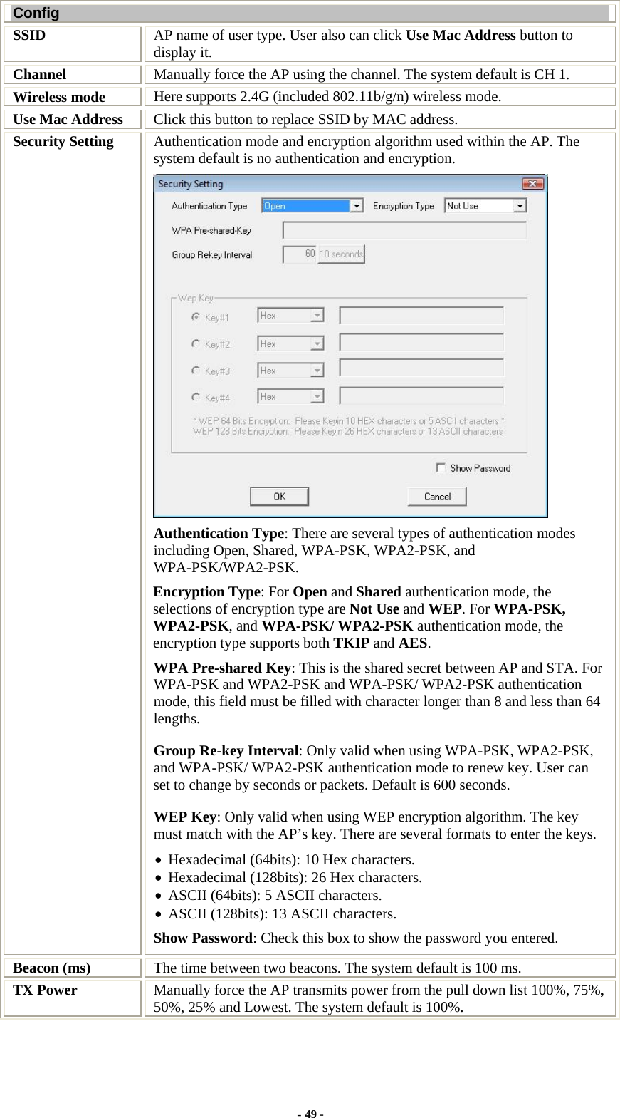  Config SSID   AP name of user type. User also can click Use Mac Address button to display it.   Channel  Manually force the AP using the channel. The system default is CH 1. Wireless mode  Here supports 2.4G (included 802.11b/g/n) wireless mode. Use Mac Address  Click this button to replace SSID by MAC address. Security Setting  Authentication mode and encryption algorithm used within the AP. The system default is no authentication and encryption.  Authentication Type: There are several types of authentication modes including Open, Shared, WPA-PSK, WPA2-PSK, and WPA-PSK/WPA2-PSK. Encryption Type: For Open and Shared authentication mode, the selections of encryption type are Not Use and WEP. For WPA-PSK, WPA2-PSK, and WPA-PSK/ WPA2-PSK authentication mode, the encryption type supports both TKIP and AES. WPA Pre-shared Key: This is the shared secret between AP and STA. For WPA-PSK and WPA2-PSK and WPA-PSK/ WPA2-PSK authentication mode, this field must be filled with character longer than 8 and less than 64 lengths. Group Re-key Interval: Only valid when using WPA-PSK, WPA2-PSK, and WPA-PSK/ WPA2-PSK authentication mode to renew key. User can set to change by seconds or packets. Default is 600 seconds. WEP Key: Only valid when using WEP encryption algorithm. The key must match with the AP’s key. There are several formats to enter the keys. • Hexadecimal (64bits): 10 Hex characters. • Hexadecimal (128bits): 26 Hex characters. • ASCII (64bits): 5 ASCII characters. • ASCII (128bits): 13 ASCII characters. Show Password: Check this box to show the password you entered. Beacon (ms) The time between two beacons. The system default is 100 ms. TX Power  Manually force the AP transmits power from the pull down list 100%, 75%, 50%, 25% and Lowest. The system default is 100%. - 49 - 