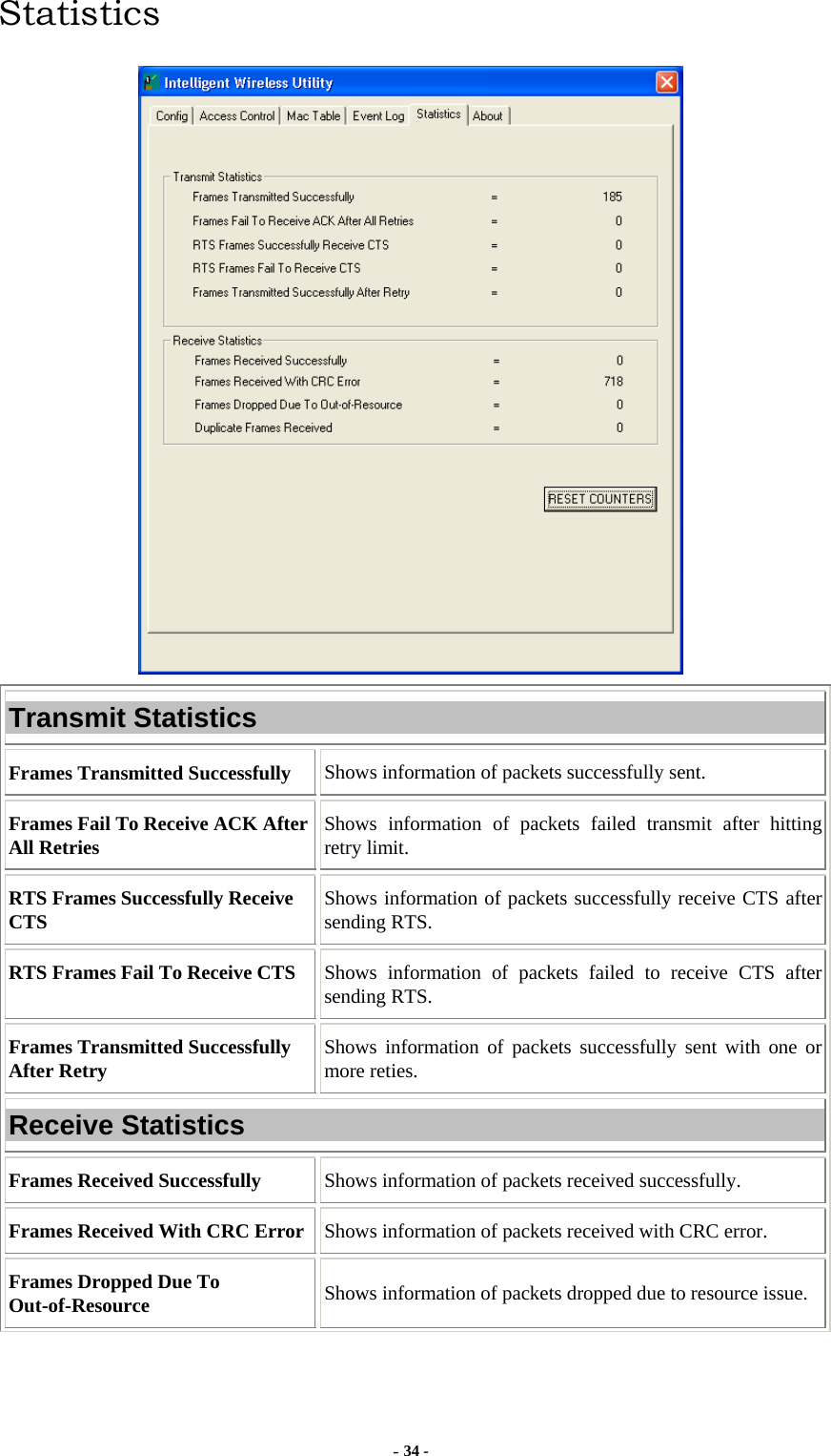  - 34 - Statistics  Transmit Statistics Frames Transmitted Successfully  Shows information of packets successfully sent. Frames Fail To Receive ACK After All Retries  Shows information of packets failed transmit after hitting retry limit. RTS Frames Successfully Receive CTS  Shows information of packets successfully receive CTS after sending RTS. RTS Frames Fail To Receive CTS  Shows information of packets failed to receive CTS after sending RTS. Frames Transmitted Successfully After Retry  Shows information of packets successfully sent with one or more reties. Receive Statistics Frames Received Successfully  Shows information of packets received successfully. Frames Received With CRC Error  Shows information of packets received with CRC error. Frames Dropped Due To Out-of-Resource  Shows information of packets dropped due to resource issue. 