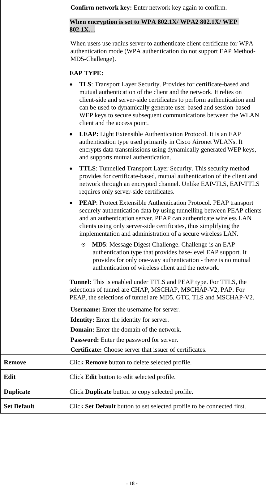  - 18 - Confirm network key: Enter network key again to confirm. When encryption is set to WPA 802.1X/ WPA2 802.1X/ WEP 802.1X… When users use radius server to authenticate client certificate for WPA authentication mode (WPA authentication do not support EAP Method- MD5-Challenge). EAP TYPE: •  TLS: Transport Layer Security. Provides for certificate-based and mutual authentication of the client and the network. It relies on client-side and server-side certificates to perform authentication and can be used to dynamically generate user-based and session-based WEP keys to secure subsequent communications between the WLAN client and the access point. •  LEAP: Light Extensible Authentication Protocol. It is an EAP authentication type used primarily in Cisco Aironet WLANs. It encrypts data transmissions using dynamically generated WEP keys, and supports mutual authentication. •  TTLS: Tunnelled Transport Layer Security. This security method provides for certificate-based, mutual authentication of the client and network through an encrypted channel. Unlike EAP-TLS, EAP-TTLS requires only server-side certificates. •  PEAP: Protect Extensible Authentication Protocol. PEAP transport securely authentication data by using tunnelling between PEAP clients and an authentication server. PEAP can authenticate wireless LAN clients using only server-side certificates, thus simplifying the implementation and administration of a secure wireless LAN.   MD5: Message Digest Challenge. Challenge is an EAP authentication type that provides base-level EAP support. It provides for only one-way authentication - there is no mutual authentication of wireless client and the network. Tunnel: This is enabled under TTLS and PEAP type. For TTLS, the selections of tunnel are CHAP, MSCHAP, MSCHAP-V2, PAP. For PEAP, the selections of tunnel are MD5, GTC, TLS and MSCHAP-V2. Username: Enter the username for server. Identity: Enter the identity for server. Domain: Enter the domain of the network. Password: Enter the password for server. Certificate: Choose server that issuer of certificates. Remove  Click Remove button to delete selected profile. Edit  Click Edit button to edit selected profile. Duplicate  Click Duplicate button to copy selected profile. Set Default  Click Set Default button to set selected profile to be connected first.  