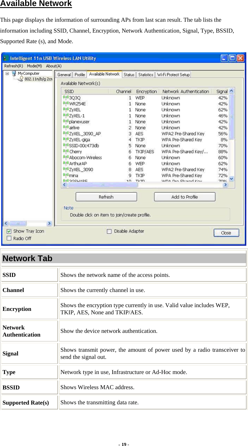  - 19 - Available Network This page displays the information of surrounding APs from last scan result. The tab lists the information including SSID, Channel, Encryption, Network Authentication, Signal, Type, BSSID, Supported Rate (s), and Mode.  Network Tab SSID  Shows the network name of the access points. Channel  Shows the currently channel in use. Encryption  Shows the encryption type currently in use. Valid value includes WEP, TKIP, AES, None and TKIP/AES. Network Authentication  Show the device network authentication. Signal  Shows transmit power, the amount of power used by a radio transceiver to send the signal out. Type Network type in use, Infrastructure or Ad-Hoc mode. BSSID  Shows Wireless MAC address. Supported Rate(s)  Shows the transmitting data rate. 