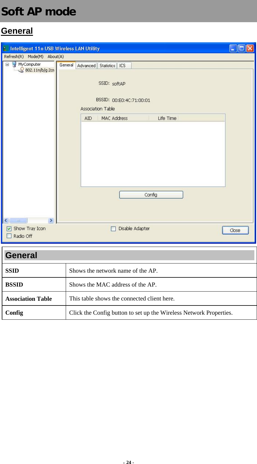  - 24 - Soft AP mode General  General SSID   Shows the network name of the AP. BSSID  Shows the MAC address of the AP. Association Table  This table shows the connected client here. Config  Click the Config button to set up the Wireless Network Properties. 