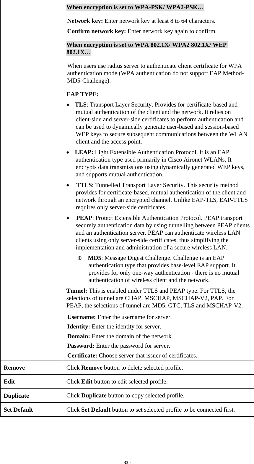  - 33 - When encryption is set to WPA-PSK/ WPA2-PSK… Network key: Enter network key at least 8 to 64 characters. Confirm network key: Enter network key again to confirm. When encryption is set to WPA 802.1X/ WPA2 802.1X/ WEP 802.1X… When users use radius server to authenticate client certificate for WPA authentication mode (WPA authentication do not support EAP Method- MD5-Challenge). EAP TYPE: •  TLS: Transport Layer Security. Provides for certificate-based and mutual authentication of the client and the network. It relies on client-side and server-side certificates to perform authentication and can be used to dynamically generate user-based and session-based WEP keys to secure subsequent communications between the WLAN client and the access point. •  LEAP: Light Extensible Authentication Protocol. It is an EAP authentication type used primarily in Cisco Aironet WLANs. It encrypts data transmissions using dynamically generated WEP keys, and supports mutual authentication. •  TTLS: Tunnelled Transport Layer Security. This security method provides for certificate-based, mutual authentication of the client and network through an encrypted channel. Unlike EAP-TLS, EAP-TTLS requires only server-side certificates. •  PEAP: Protect Extensible Authentication Protocol. PEAP transport securely authentication data by using tunnelling between PEAP clients and an authentication server. PEAP can authenticate wireless LAN clients using only server-side certificates, thus simplifying the implementation and administration of a secure wireless LAN.   MD5: Message Digest Challenge. Challenge is an EAP authentication type that provides base-level EAP support. It provides for only one-way authentication - there is no mutual authentication of wireless client and the network. Tunnel: This is enabled under TTLS and PEAP type. For TTLS, the selections of tunnel are CHAP, MSCHAP, MSCHAP-V2, PAP. For PEAP, the selections of tunnel are MD5, GTC, TLS and MSCHAP-V2. Username: Enter the username for server. Identity: Enter the identity for server. Domain: Enter the domain of the network. Password: Enter the password for server. Certificate: Choose server that issuer of certificates. Remove  Click Remove button to delete selected profile. Edit  Click Edit button to edit selected profile. Duplicate  Click Duplicate button to copy selected profile. Set Default  Click Set Default button to set selected profile to be connected first.  