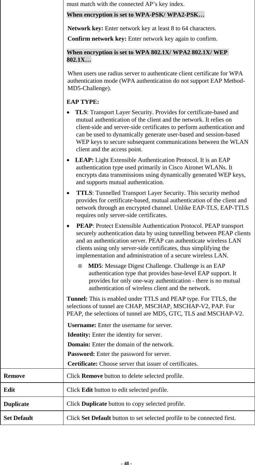 - 48 - must match with the connected AP’s key index. When encryption is set to WPA-PSK/ WPA2-PSK… Network key: Enter network key at least 8 to 64 characters. Confirm network key: Enter network key again to confirm. When encryption is set to WPA 802.1X/ WPA2 802.1X/ WEP 802.1X… When users use radius server to authenticate client certificate for WPA authentication mode (WPA authentication do not support EAP Method- MD5-Challenge). EAP TYPE: •  TLS: Transport Layer Security. Provides for certificate-based and mutual authentication of the client and the network. It relies on client-side and server-side certificates to perform authentication and can be used to dynamically generate user-based and session-based WEP keys to secure subsequent communications between the WLAN client and the access point. •  LEAP: Light Extensible Authentication Protocol. It is an EAP authentication type used primarily in Cisco Aironet WLANs. It encrypts data transmissions using dynamically generated WEP keys, and supports mutual authentication. •  TTLS: Tunnelled Transport Layer Security. This security method provides for certificate-based, mutual authentication of the client and network through an encrypted channel. Unlike EAP-TLS, EAP-TTLS requires only server-side certificates. •  PEAP: Protect Extensible Authentication Protocol. PEAP transport securely authentication data by using tunnelling between PEAP clients and an authentication server. PEAP can authenticate wireless LAN clients using only server-side certificates, thus simplifying the implementation and administration of a secure wireless LAN.   MD5: Message Digest Challenge. Challenge is an EAP authentication type that provides base-level EAP support. It provides for only one-way authentication - there is no mutual authentication of wireless client and the network. Tunnel: This is enabled under TTLS and PEAP type. For TTLS, the selections of tunnel are CHAP, MSCHAP, MSCHAP-V2, PAP. For PEAP, the selections of tunnel are MD5, GTC, TLS and MSCHAP-V2. Username: Enter the username for server. Identity: Enter the identity for server. Domain: Enter the domain of the network. Password: Enter the password for server. Certificate: Choose server that issuer of certificates. Remove  Click Remove button to delete selected profile. Edit  Click Edit button to edit selected profile. Duplicate  Click Duplicate button to copy selected profile. Set Default  Click Set Default button to set selected profile to be connected first. 