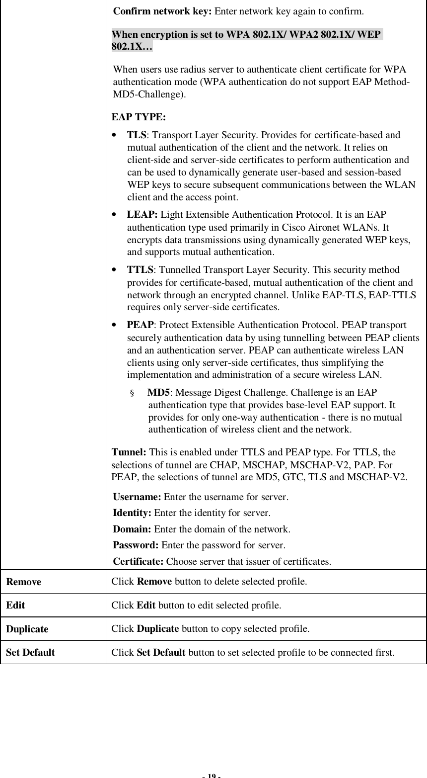  - 19 - Confirm network key: Enter network key again to confirm. When encryption is set to WPA 802.1X/ WPA2 802.1X/ WEP 802.1X… When users use radius server to authenticate client certificate for WPA authentication mode (WPA authentication do not support EAP Method- MD5-Challenge). EAP TYPE: • TLS: Transport Layer Security. Provides for certificate-based and mutual authentication of the client and the network. It relies on client-side and server-side certificates to perform authentication and can be used to dynamically generate user-based and session-based WEP keys to secure subsequent communications between the WLAN client and the access point. • LEAP: Light Extensible Authentication Protocol. It is an EAP authentication type used primarily in Cisco Aironet WLANs. It encrypts data transmissions using dynamically generated WEP keys, and supports mutual authentication. • TTLS: Tunnelled Transport Layer Security. This security method provides for certificate-based, mutual authentication of the client and network through an encrypted channel. Unlike EAP-TLS, EAP-TTLS requires only server-side certificates. • PEAP: Protect Extensible Authentication Protocol. PEAP transport securely authentication data by using tunnelling between PEAP clients and an authentication server. PEAP can authenticate wireless LAN clients using only server-side certificates, thus simplifying the implementation and administration of a secure wireless LAN. ¤ MD5: Message Digest Challenge. Challenge is an EAP authentication type that provides base-level EAP support. It provides for only one-way authentication - there is no mutual authentication of wireless client and the network. Tunnel: This is enabled under TTLS and PEAP type. For TTLS, the selections of tunnel are CHAP, MSCHAP, MSCHAP-V2, PAP. For PEAP, the selections of tunnel are MD5, GTC, TLS and MSCHAP-V2. Username: Enter the username for server. Identity: Enter the identity for server. Domain: Enter the domain of the network. Password: Enter the password for server. Certificate: Choose server that issuer of certificates. Remove  Click Remove button to delete selected profile. Edit  Click Edit button to edit selected profile. Duplicate  Click Duplicate button to copy selected profile. Set Default  Click Set Default button to set selected profile to be connected first.  