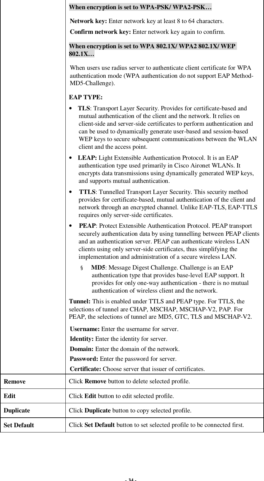  - 34 - When encryption is set to WPA-PSK/ WPA2-PSK… Network key: Enter network key at least 8 to 64 characters. Confirm network key: Enter network key again to confirm. When encryption is set to WPA 802.1X/ WPA2 802.1X/ WEP 802.1X… When users use radius server to authenticate client certificate for WPA authentication mode (WPA authentication do not support EAP Method- MD5-Challenge). EAP TYPE: • TLS: Transport Layer Security. Provides for certificate-based and mutual authentication of the client and the network. It relies on client-side and server-side certificates to perform authentication and can be used to dynamically generate user-based and session-based WEP keys to secure subsequent communications between the WLAN client and the access point. • LEAP: Light Extensible Authentication Protocol. It is an EAP authentication type used primarily in Cisco Aironet WLANs. It encrypts data transmissions using dynamically generated WEP keys, and supports mutual authentication. • TTLS: Tunnelled Transport Layer Security. This security method provides for certificate-based, mutual authentication of the client and network through an encrypted channel. Unlike EAP-TLS, EAP-TTLS requires only server-side certificates. • PEAP: Protect Extensible Authentication Protocol. PEAP transport securely authentication data by using tunnelling between PEAP clients and an authentication server. PEAP can authenticate wireless LAN clients using only server-side certificates, thus simplifying the implementation and administration of a secure wireless LAN. ¤ MD5: Message Digest Challenge. Challenge is an EAP authentication type that provides base-level EAP support. It provides for only one-way authentication - there is no mutual authentication of wireless client and the network. Tunnel: This is enabled under TTLS and PEAP type. For TTLS, the selections of tunnel are CHAP, MSCHAP, MSCHAP-V2, PAP. For PEAP, the selections of tunnel are MD5, GTC, TLS and MSCHAP-V2. Username: Enter the username for server. Identity: Enter the identity for server. Domain: Enter the domain of the network. Password: Enter the password for server. Certificate: Choose server that issuer of certificates. Remove  Click Remove button to delete selected profile. Edit  Click Edit button to edit selected profile. Duplicate  Click Duplicate button to copy selected profile. Set Default  Click Set Default button to set selected profile to be connected first.  