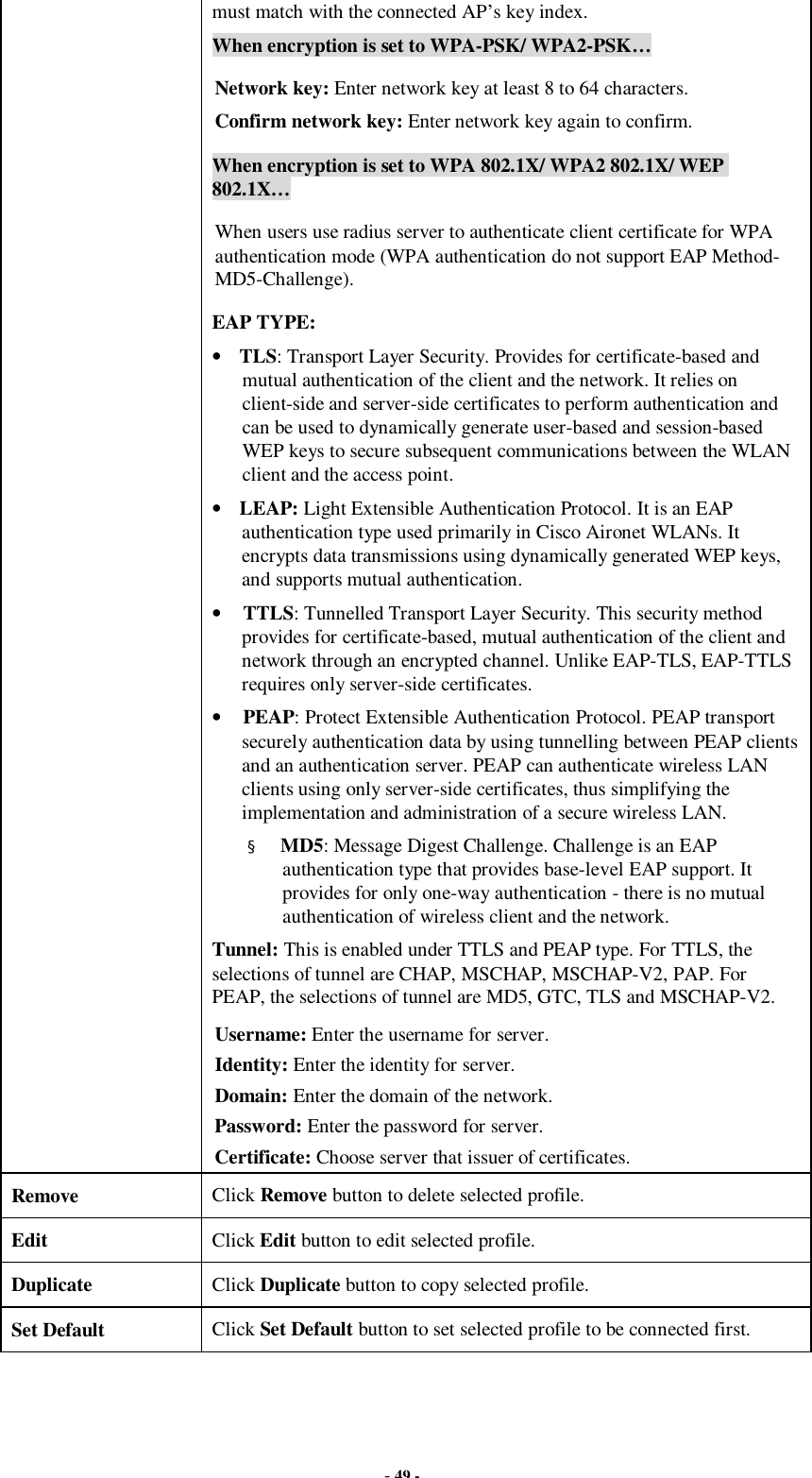  - 49 - must match with the connected AP’s key index. When encryption is set to WPA-PSK/ WPA2-PSK… Network key: Enter network key at least 8 to 64 characters. Confirm network key: Enter network key again to confirm. When encryption is set to WPA 802.1X/ WPA2 802.1X/ WEP 802.1X… When users use radius server to authenticate client certificate for WPA authentication mode (WPA authentication do not support EAP Method- MD5-Challenge). EAP TYPE: • TLS: Transport Layer Security. Provides for certificate-based and mutual authentication of the client and the network. It relies on client-side and server-side certificates to perform authentication and can be used to dynamically generate user-based and session-based WEP keys to secure subsequent communications between the WLAN client and the access point. • LEAP: Light Extensible Authentication Protocol. It is an EAP authentication type used primarily in Cisco Aironet WLANs. It encrypts data transmissions using dynamically generated WEP keys, and supports mutual authentication. • TTLS: Tunnelled Transport Layer Security. This security method provides for certificate-based, mutual authentication of the client and network through an encrypted channel. Unlike EAP-TLS, EAP-TTLS requires only server-side certificates. • PEAP: Protect Extensible Authentication Protocol. PEAP transport securely authentication data by using tunnelling between PEAP clients and an authentication server. PEAP can authenticate wireless LAN clients using only server-side certificates, thus simplifying the implementation and administration of a secure wireless LAN. ¤ MD5: Message Digest Challenge. Challenge is an EAP authentication type that provides base-level EAP support. It provides for only one-way authentication - there is no mutual authentication of wireless client and the network. Tunnel: This is enabled under TTLS and PEAP type. For TTLS, the selections of tunnel are CHAP, MSCHAP, MSCHAP-V2, PAP. For PEAP, the selections of tunnel are MD5, GTC, TLS and MSCHAP-V2. Username: Enter the username for server. Identity: Enter the identity for server. Domain: Enter the domain of the network. Password: Enter the password for server. Certificate: Choose server that issuer of certificates. Remove  Click Remove button to delete selected profile. Edit  Click Edit button to edit selected profile. Duplicate  Click Duplicate button to copy selected profile. Set Default  Click Set Default button to set selected profile to be connected first. 