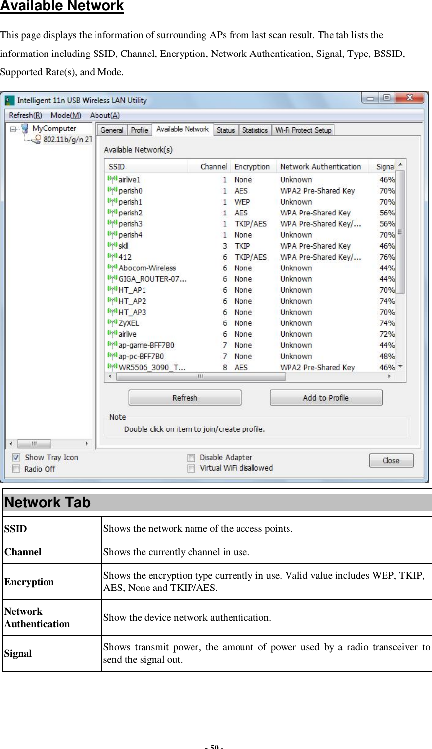  - 50 -  Available Network This page displays the information of surrounding APs from last scan result. The tab lists the information including SSID, Channel, Encryption, Network Authentication, Signal, Type, BSSID, Supported Rate(s), and Mode.  Network Tab SSID  Shows the network name of the access points. Channel  Shows the currently channel in use. Encryption  Shows the encryption type currently in use. Valid value includes WEP, TKIP, AES, None and TKIP/AES. Network Authentication  Show the device network authentication. Signal  Shows transmit power, the amount of power used by a radio transceiver to send the signal out. 