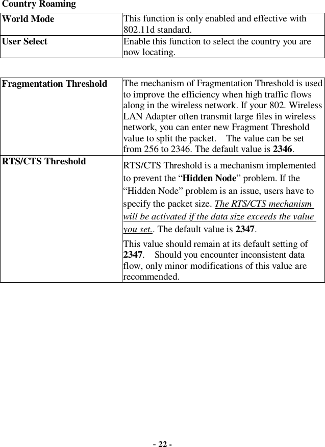  - 22 - Country Roaming World Mode  This function is only enabled and effective with 802.11d standard.  User Select  Enable this function to select the country you are now locating.  Fragmentation Threshold The mechanism of Fragmentation Threshold is used to improve the efficiency when high traffic flows along in the wireless network. If your 802. Wireless LAN Adapter often transmit large files in wireless network, you can enter new Fragment Threshold value to split the packet.  The value can be set from 256 to 2346. The default value is 2346. RTS/CTS Threshold RTS/CTS Threshold is a mechanism implemented to prevent the “Hidden Node” problem. If the “Hidden Node” problem is an issue, users have to specify the packet size. The RTS/CTS mechanism will be activated if the data size exceeds the value you set.. The default value is 2347.  This value should remain at its default setting of 2347.  Should you encounter inconsistent data flow, only minor modifications of this value are recommended.   