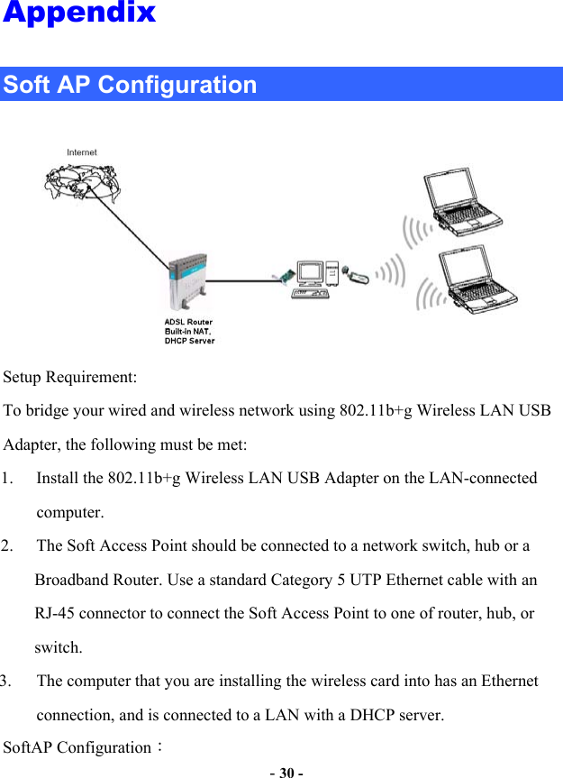  - 30 - Appendix  Soft AP Configuration  Setup Requirement: To bridge your wired and wireless network using 802.11b+g Wireless LAN USB Adapter, the following must be met: 1.  Install the 802.11b+g Wireless LAN USB Adapter on the LAN-connected computer.  2.  The Soft Access Point should be connected to a network switch, hub or a Broadband Router. Use a standard Category 5 UTP Ethernet cable with an RJ-45 connector to connect the Soft Access Point to one of router, hub, or switch. 3.  The computer that you are installing the wireless card into has an Ethernet connection, and is connected to a LAN with a DHCP server. SoftAP Configuration： 
