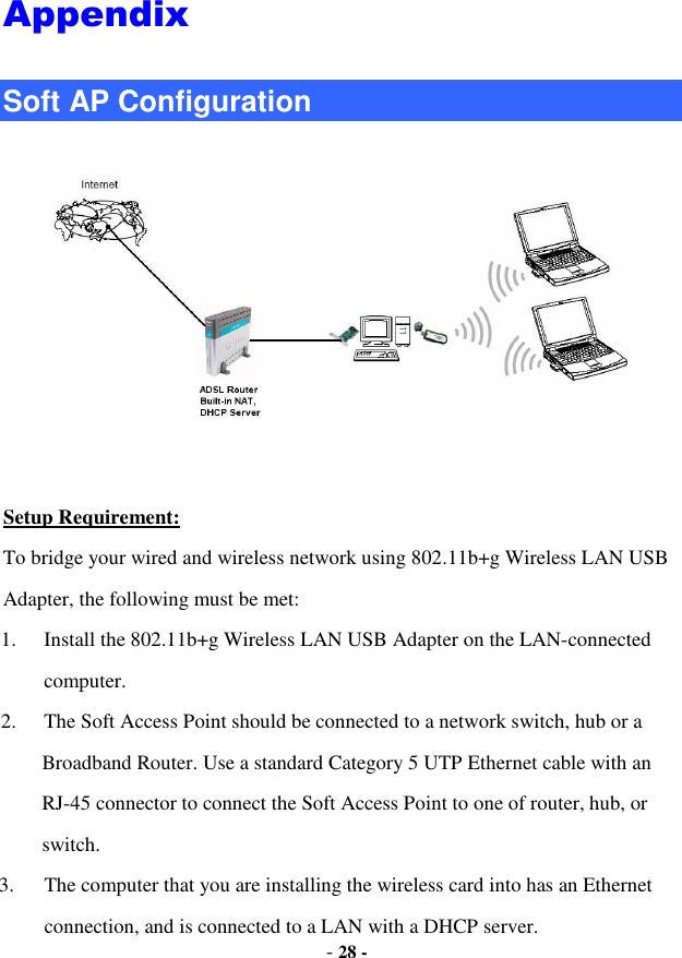 - 28 - Appendix   Soft AP Configuration   Setup Requirement: To bridge your wired and wireless network using 802.11b+g Wireless LAN USB Adapter, the following must be met: 1. Install the 802.11b+g Wireless LAN USB Adapter on the LAN-connected computer.   2. The Soft Access Point should be connected to a network switch, hub or a Broadband Router. Use a standard Category 5 UTP Ethernet cable with an RJ-45 connector to connect the Soft Access Point to one of router, hub, or switch. 3. The computer that you are installing the wireless card into has an Ethernet connection, and is connected to a LAN with a DHCP server. 