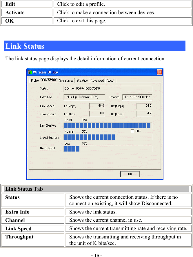  - 15 - Edit  Click to edit a profile. Activate  Click to make a connection between devices. OK  Click to exit this page.  Link Status The link status page displays the detail information of current connection.  Link Status Tab Status  Shows the current connection status. If there is no connection existing, it will show Disconnected.   Extra Info  Shows the link status. Channel  Shows the current channel in use. Link Speed  Shows the current transmitting rate and receiving rate. Throughput  Shows the transmitting and receiving throughput in the unit of K bits/sec. 