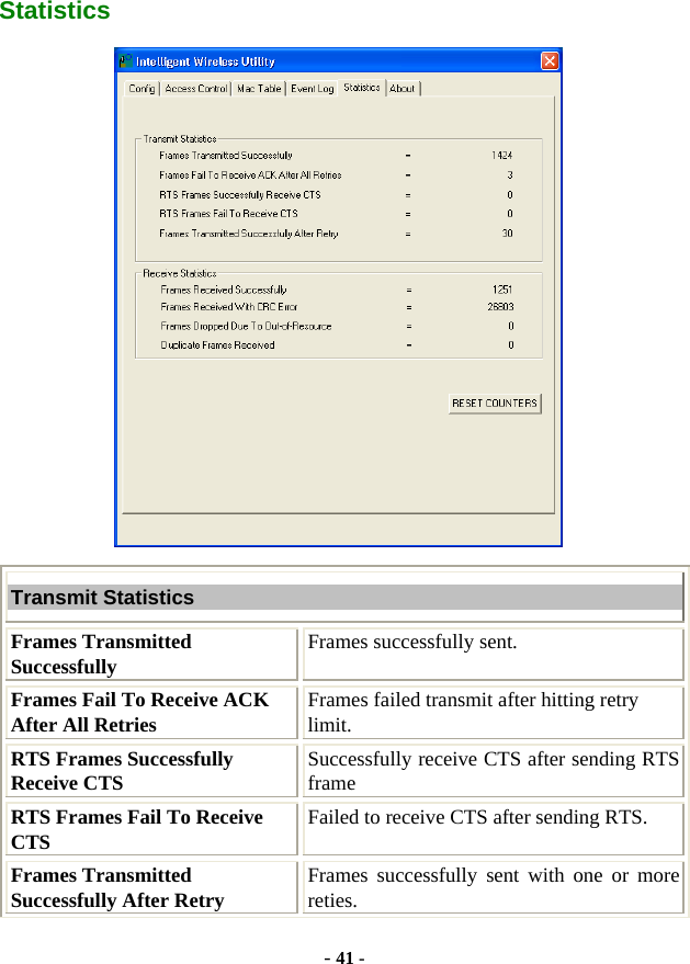  - 41 - Statistics  Transmit Statistics Frames Transmitted Successfully  Frames successfully sent. Frames Fail To Receive ACK After All Retries  Frames failed transmit after hitting retry limit. RTS Frames Successfully Receive CTS  Successfully receive CTS after sending RTS frame RTS Frames Fail To Receive CTS  Failed to receive CTS after sending RTS. Frames Transmitted Successfully After Retry  Frames successfully sent with one or more reties. 