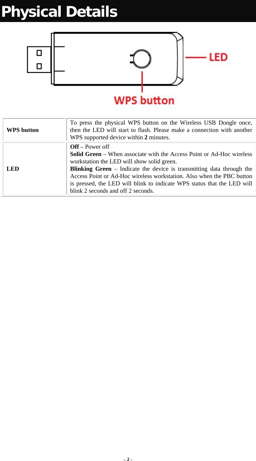  - 2 - Physical Details  WPS button  To press the physical WPS button on the Wireless USB Dongle once, then the LED will start to flash. Please make a connection with another WPS supported device within 2 minutes. LED Off – Power off Solid Green – When associate with the Access Point or Ad-Hoc wireless workstation the LED will show solid green. Blinking Green – Indicate the device is transmitting data through the Access Point or Ad-Hoc wireless workstation. Also when the PBC button is pressed, the LED will blink to indicate WPS status that the LED will blink 2 seconds and off 2 seconds.  