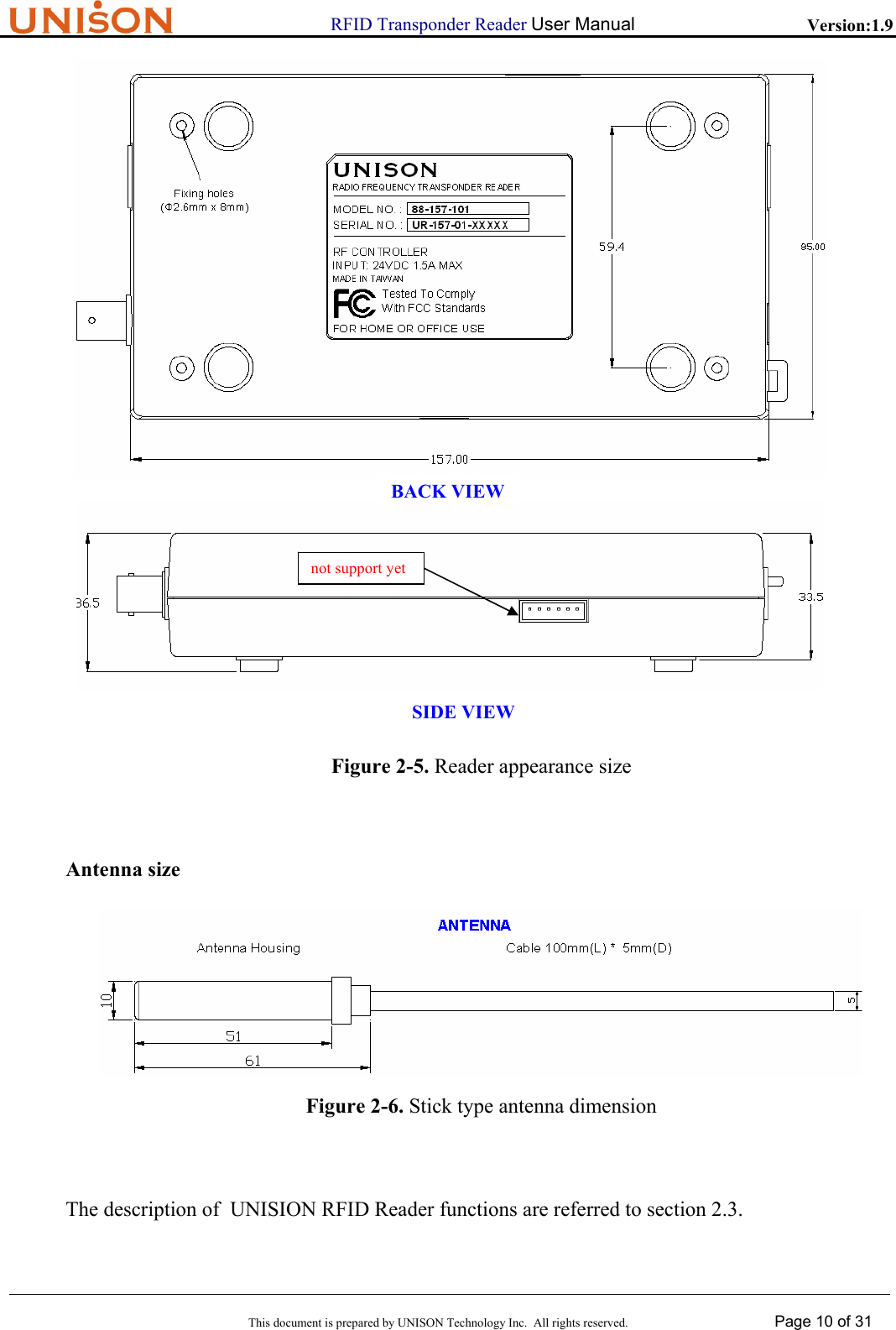                      RFID Transponder Reader User Manual   Version:1.9  This document is prepared by UNISON Technology Inc.  All rights reserved. Page 10 of 31     Figure 2-5. Reader appearance size  Antenna size  Figure 2-6. Stick type antenna dimension  The description of  UNISION RFID Reader functions are referred to section 2.3. SIDE VIEWnot support yetBACKVIEW