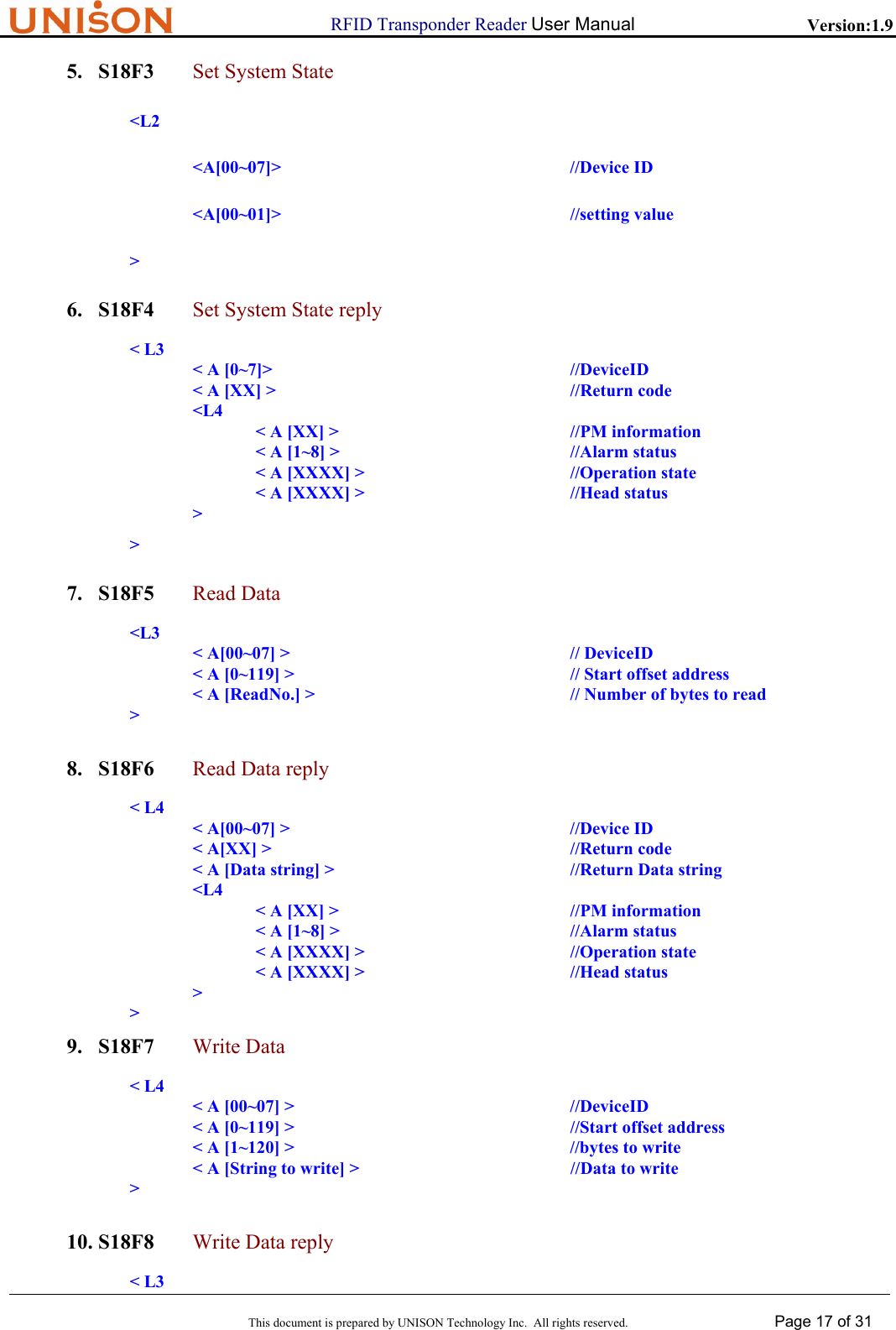                      RFID Transponder Reader User Manual   Version:1.9  This document is prepared by UNISON Technology Inc.  All rights reserved. Page 17 of 31  5. S18F3 Set System State <L2 <A[00~07]>     //Device ID   <A[00~01]>     //setting value > 6. S18F4  Set System State reply < L3                 < A [0~7]>          //DeviceID                 < A [XX] >          //Return code    <L4                       < A [XX] >        //PM information                       < A [1~8] >        //Alarm status                          < A [XXXX] >        //Operation state                      < A [XXXX] >        //Head status    >        > 7. S18F5 Read Data  <L3                 < A[00~07] >          // DeviceID                 < A [0~119] >          // Start offset address                 < A [ReadNo.] >         // Number of bytes to read >  8. S18F6 Read Data reply < L4                 < A[00~07] >          //Device ID < A[XX] >     //Return code < A [Data string] >             //Return Data string    <L4                       < A [XX] >        //PM information                       < A [1~8] >        //Alarm status                          < A [XXXX] >        //Operation state                      < A [XXXX] >        //Head status >        > 9. S18F7 Write Data          < L4               < A [00~07] >          //DeviceID      < A [0~119] >          //Start offset address         < A [1~120] >                        //bytes to write                 < A [String to write] >                    //Data to write >  10. S18F8 Write Data reply    < L3 