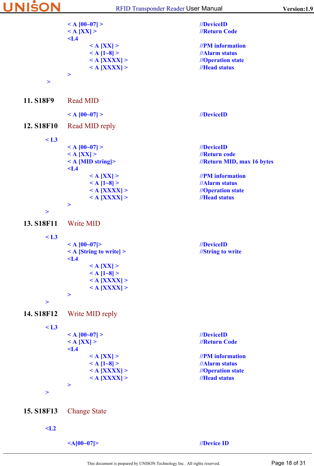                      RFID Transponder Reader User Manual   Version:1.9  This document is prepared by UNISON Technology Inc.  All rights reserved. Page 18 of 31                 < A [00~07] >          //DeviceID                 < A [XX] >          //Return Code    <L4                       < A [XX] >        //PM information                       < A [1~8] >        //Alarm status                          < A [XXXX] >        //Operation state                      < A [XXXX] >        //Head status    >            >  11. S18F9 Read MID    < A [00~07] >     //DeviceID 12. S18F10 Read MID reply < L3                 < A [00~07] >          //DeviceID                 < A [XX] >          //Return code             < A [MID string]>        //Return MID, max 16 bytes    <L4                       < A [XX] >        //PM information                       < A [1~8] >        //Alarm status                          < A [XXXX] >        //Operation state                      < A [XXXX] >        //Head status    >          > 13. S18F11 Write MID < L3                 < A [00~07]>          //DeviceID                 < A [String to write] >        //String to write    <L4                       < A [XX] >                       < A [1~8] >                          < A [XXXX] >                      < A [XXXX] >    >          > 14. S18F12 Write MID reply          < L3                < A [00~07] >          //DeviceID                 < A [XX] >          //Return Code    <L4                       < A [XX] >        //PM information                       < A [1~8] >        //Alarm status                          < A [XXXX] >        //Operation state                      < A [XXXX] >        //Head status    >          >  15. S18F13 Change State <L2 <A[00~07]>     //Device ID 