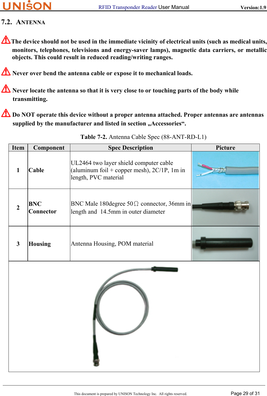                      RFID Transponder Reader User Manual   Version:1.9  This document is prepared by UNISON Technology Inc.  All rights reserved. Page 29 of 31  7.2. ANTENNA ! The device should not be used in the immediate vicinity of electrical units (such as medical units,        monitors, telephones, televisions and energy-saver lamps), magnetic data carriers, or metallic         objects. This could result in reduced reading/writing ranges. ! Never over bend the antenna cable or expose it to mechanical loads. ! Never locate the antenna so that it is very close to or touching parts of the body while transmitting. ! Do NOT operate this device without a proper antenna attached. Proper antennas are antennas supplied by the manufacturer and listed in section &bdquo;Accessories&ldquo;. Table 7-2. Antenna Cable Spec (88-ANT-RD-L1) Item  Component  Spec Description  Picture 1 Cable UL2464 two layer shield computer cable (aluminum foil + copper mesh), 2C/1P, 1m in length, PVC material 2  BNC Connector BNC Male 180degree 50&Omega; connector, 36mm in length and  14.5mm in outer diameter 3 Housing Antenna Housing, POM material   