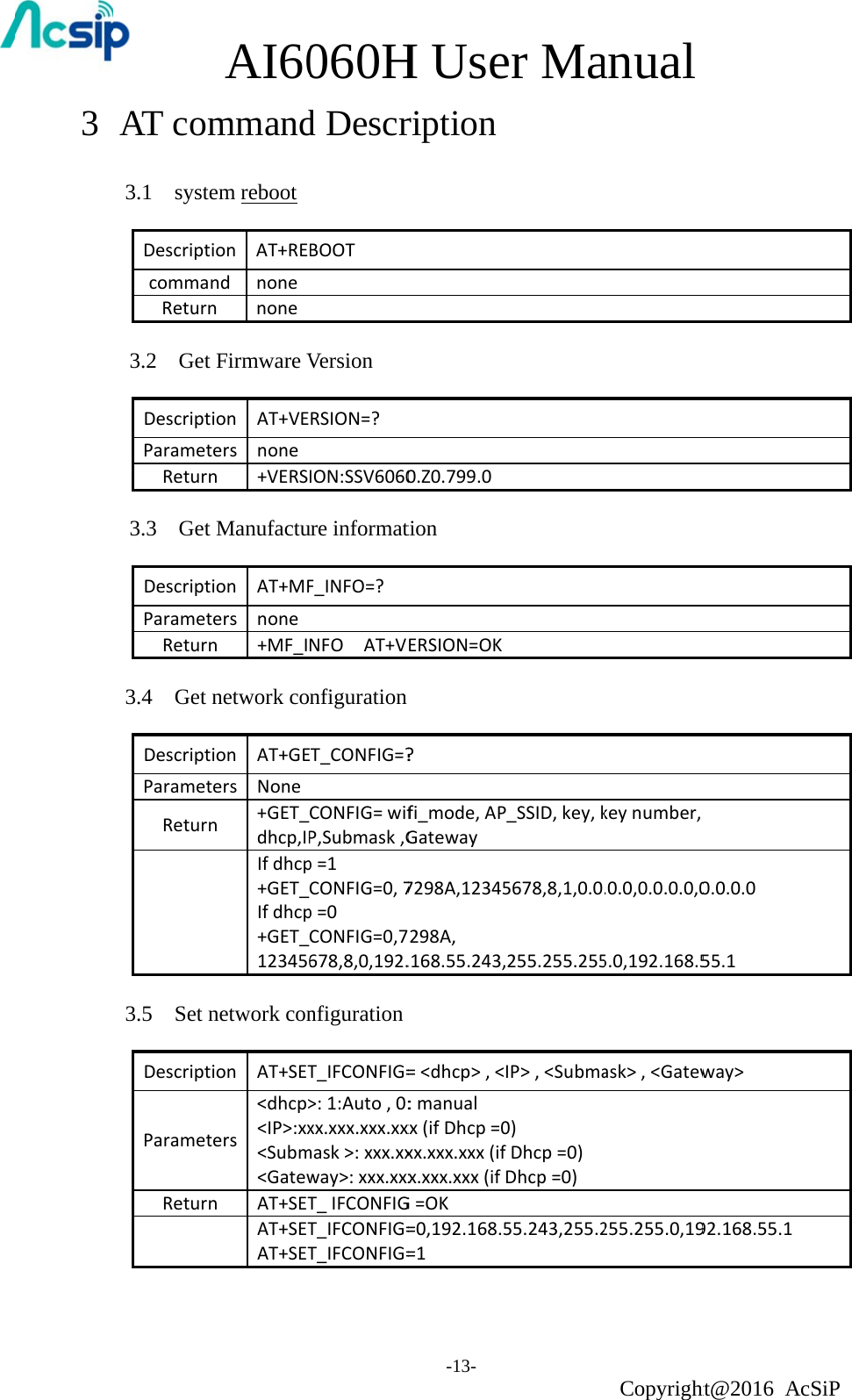 3    AT com 3.1  systeDescriptcommanReturn3.2  Get DescriptParametReturn3.3  Get DescriptParametReturn3.4  Get DescriptParametReturn3.5  Set nDescriptParametReturnAI60mmandem reboot ion AT+REndnonennoneFirmware Vion AT+VEters nonen+VERSManufactuion AT+MFters nonen+MF_Inetwork coion AT+GEters Nonen +GET_dhcp,IPIfdhcp+GET_Ifdhcp+GET_123456network conionAT+SETters&lt;dhcp&gt;&lt;IP&gt;:xx&lt;Subm&lt;GatewnAT+SETAT+SETAT+SET060Hd DescrBOOTVersionRSION=?ION:SSV6060ure informatF_INFO=?NFOAT+VnfigurationT_CONFIG=?CONFIG=wifP,Submask,Gp=1CONFIG=0,7p=0CONFIG=0,7678,8,0,192.nfigurationT_IFCONFIG=&gt;:1:Auto,0:xx.xxx.xxx.xxmask&gt;:xxx.xxway&gt;:xxx.xxxT_IFCONFIGT_IFCONFIG=T_IFCONFIG=H Use-13- ription0.Z0.799.0tion  ERSION=OK?fi_mode,APGateway7298A,123457298A,.168.55.243,=&lt;dhcp&gt;,&lt;:manualxx(ifDhcp=0xx.xxx.xxx(ifx.xxx.xxx(ifG=OK=0,192.168.5=1er Ma_SSID,key,k5678,8,1,0.0.255.255.255IP&gt;,&lt;Subma0)Dhcp=0)Dhcp=0)55.243,255.2anual Copyrightkeynumber,.0.0,0.0.0.0,05.0,192.168.5ask&gt;,&lt;Gatew255.255.0,19ht@2016 A0.0.0.055.1way&gt;92.168.55.1cSiP 