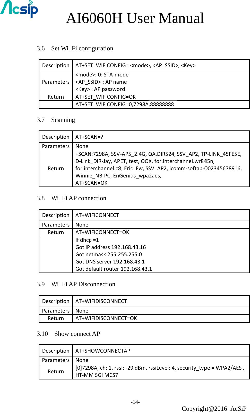 3.6  Set WDescriptParametReturn3.7  ScanDescriptParametReturn3.8  Wi_DescriptParametReturn3.9  Wi_DescriptParametReturn3.10  ShoDescriptParametReturnAI60Wi_Fi confiion AT+SETters&lt;mode&lt;AP_SS&lt;Key&gt;nAT+SETAT+SETnningion AT+SCAters Nonen+SCAND‐Link_for.inteWinnieAT+SCA_Fi AP connion AT+WIters NonenAT+WIIfdhcpGotIPGotneGotDNGotde_Fi AP Discoion AT+WIters NonenAT+WIow connect ion AT+SHters Nonen[0]729HT‐MM060HigurationT_WIFICONFe&gt;:0:STA‐moSID&gt;:APnam:APpasswoT_WIFICONFT_WIFICONFAN=?:7298A,SSV_DIR‐Jay,APerchannel.c8e_NB‐PC,EnGAN=OKectionFICONNECTFICONNECT=p=1address192etmask255.2NSserver192efaultrouteronnectionFIDISCONNEFIDISCONNEAPOWCONNEC8A,ch:1,rssMSGIMCS7H Use-14- FIG=&lt;mode&gt;odemeordFIG=OKFIG=0,7298AV‐AP5_2.4G,QPET,test,OO8,Eric_Fw,SSGenius_wpa=OK2.168.43.16255.255.02.168.43.1192.168.43.ECTECT=OKCTAPsi:‐29dBm,er Ma&gt;,&lt;AP_SSID&gt;,88888888QA.DIR524,SX,for.interchSV_AP2,icom2aes,.1rssiLevel:4,anual Copyright&gt;,&lt;Key&gt;SSV_AP2,TPhannel.wr84mm‐softap‐0security_typht@2016 AP‐LINK_45FE545n,0023456789pe=WPA2/AcSiP 5E,16,AES,