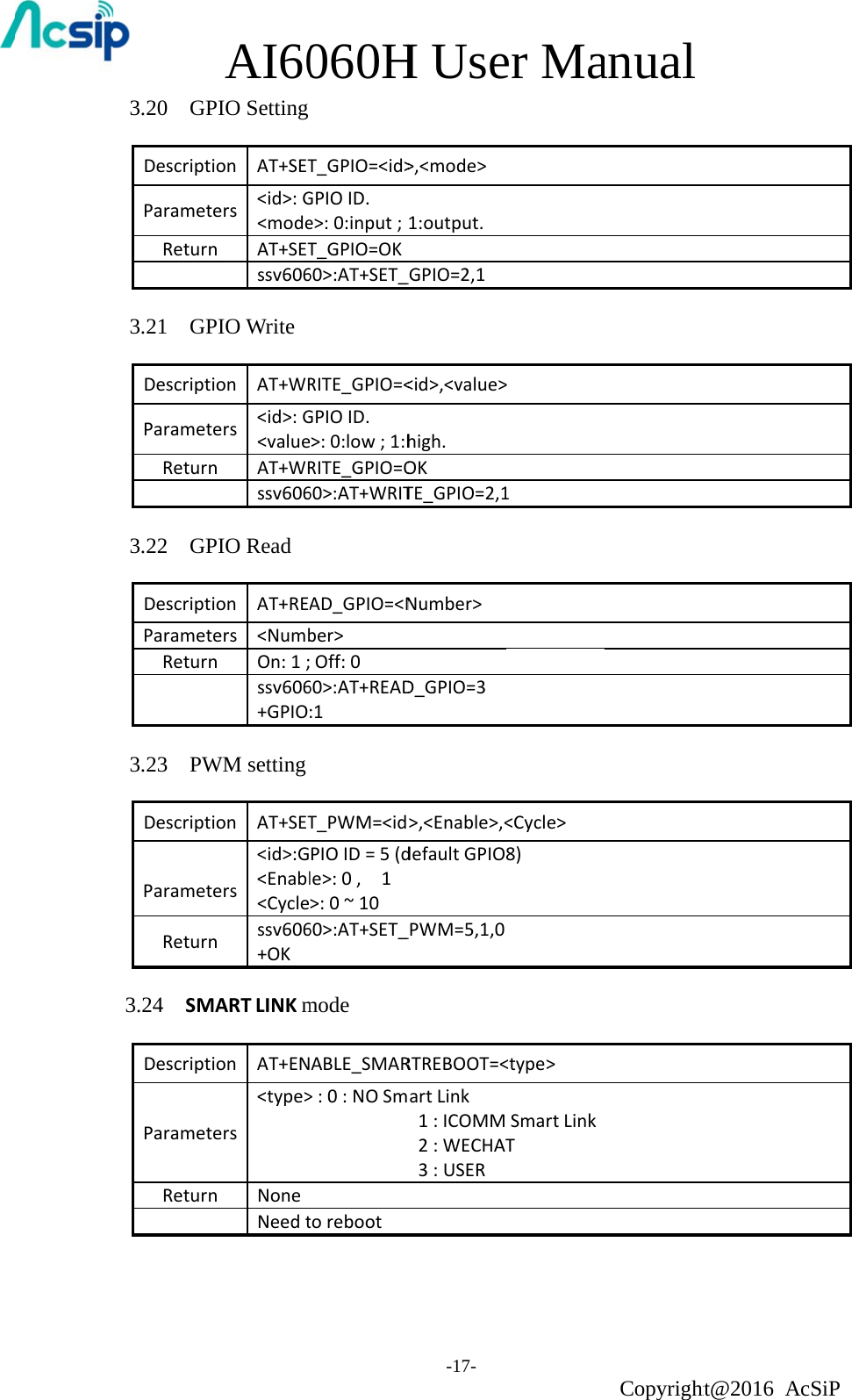 3.20  GPDescriptParametReturn3.21  GPDescriptParametReturn3.22  GPDescriptParametReturn3.23  PWDescriptParametReturn3.24  SMDescriptParametReturnAI60PIO Settingion AT+SETters &lt;id&gt;:G&lt;modenAT+SETssv606PIO Write  ion AT+WRters &lt;id&gt;:G&lt;valuenAT+WRssv606PIO Readion AT+REAters &lt;NumbnOn:1;ssv606+GPIOWM settingion AT+SETters&lt;id&gt;:G&lt;Enabl&lt;Cyclenssv606+OKMARTLINKmion AT+ENters&lt;type&gt;nNoneNeedt060HT_GPIO=&lt;id&gt;GPIOID.e&gt;:0:input;T_GPIO=OK60&gt;:AT+SET_RITE_GPIO=&lt;GPIOID.&gt;:0:low;1:hRITE_GPIO=O60&gt;:AT+WRITAD_GPIO=&lt;Nber&gt;Off:060&gt;:AT+READ:1T_PWM=&lt;idPIOID=5(dle&gt;:0,1&gt;:0~1060&gt;:AT+SET_mode  ABLE_SMAR&gt;:0:NOSmtorebootH Use-17- &gt;,&lt;mode&gt;1:output._GPIO=2,1&lt;id&gt;,&lt;value&gt;high.OKTE_GPIO=2,1Number&gt;D_GPIO=3&gt;,&lt;Enable&gt;,&lt;defaultGPIO_PWM=5,1,0RTREBOOT=&lt;artLink1:ICOMM2:WECHAT3:USERer Ma&gt;1&lt;Cycle&gt;8)&lt;type&gt;SmartLinkTanual Copyrightht@2016 AcSiP 