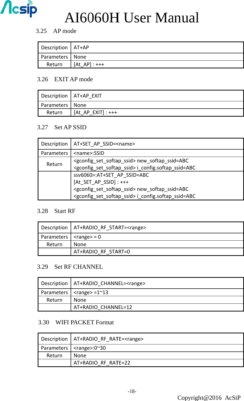 3.25  APDescriptParametReturn3.26  EXDescriptParametReturn3.27  SeDescriptParametReturn3.28  StaDescriptParametReturn3.29  SeDescriptParametReturn3.30  WDescriptParametReturnAI60P mode  ion AT+APtersNonen[At_APXIT AP modion AT+APters Nonen[At_APt AP SSIDion AT+SETters &lt;namen&lt;gconf&lt;gconfssv606[At_SE&lt;gconf&lt;gconfart RF  ion AT+RAters &lt;rangenNoneAT+RAt RF CHANion AT+RAters &lt;rangenNoneAT+RAWIFI PACKEion AT+RAters &lt;rangenNoneAT+RA060HP]:+++de_EXITP_EXIT]:+++T_AP_SSID=&lt;e&gt;:SSIDfig_set_softafig_set_softa60&gt;:AT+SET_T_AP_SSID]fig_set_softafig_set_softaADIO_RF_STAe&gt;=0ADIO_RF_STANNELADIO_CHANNe&gt;=1~13ADIO_CHANNET Format ADIO_RF_RATe&gt;:0~30ADIO_RF_RATH Use-18- +&lt;name&gt;ap_ssid&gt;newap_ssid&gt;i_co_AP_SSID=AB:+++ap_ssid&gt;newap_ssid&gt;i_coART=&lt;range&gt;ART=0NEL=&lt;range&gt;NEL=12         TE=&lt;range&gt;TE=22er Maw_softap_ssionfig.softap_BCw_softap_ssionfig.softap_&gt;&gt;     anual Copyrightd=ABC_ssid=ABCd=ABC_ssid=ABCht@2016 AcSiP 