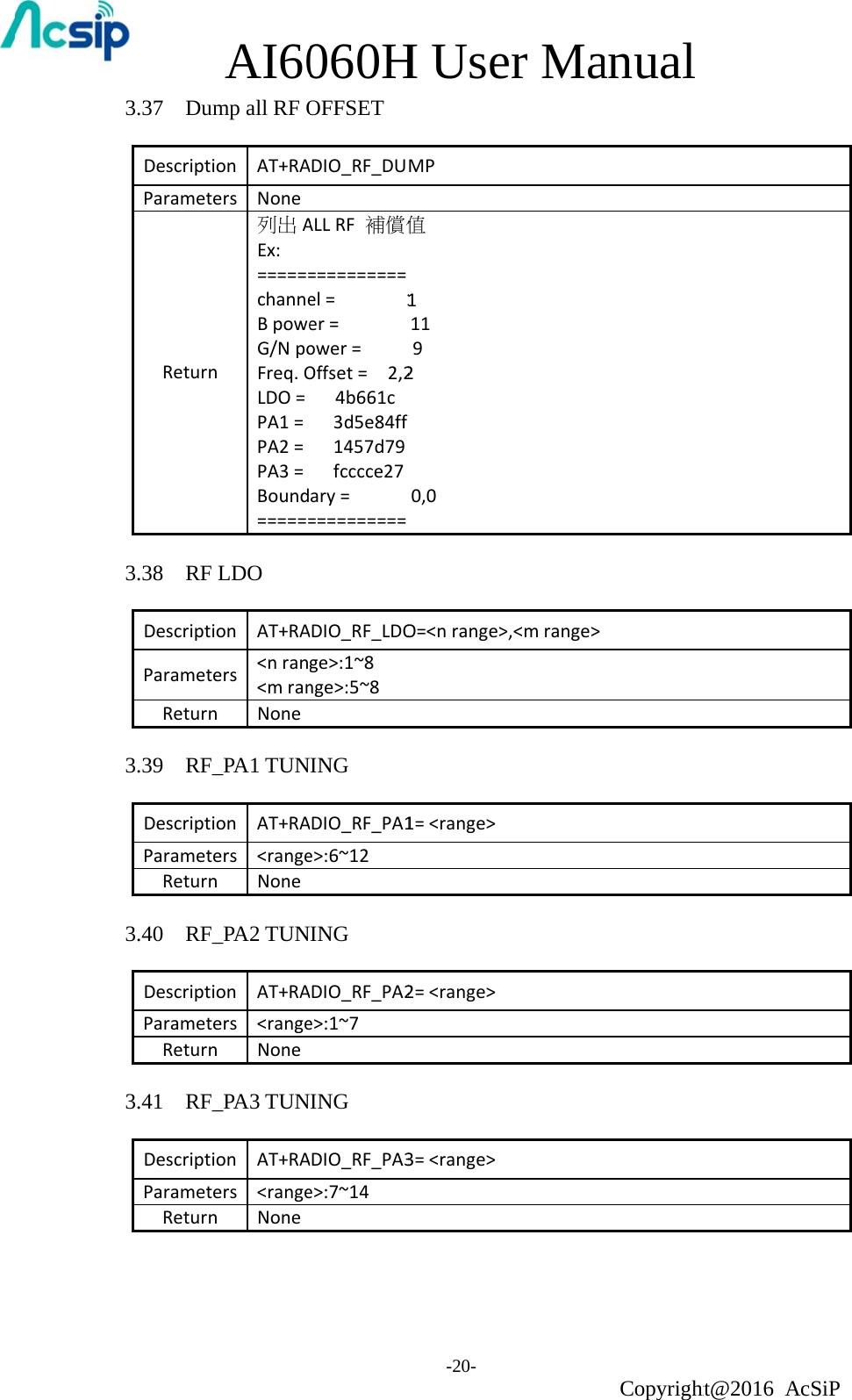 3.37  DuDescriptParametReturn3.38  RFDescriptParametReturn3.39  RFDescriptParametReturn3.40  RFDescriptParametReturn3.41  RFDescriptParametReturnAI60ump all RF Oion AT+RAters Nonen列出AEx:======channeBpoweG/NpoFreq.OLDO=PA1=PA2=PA3=Bound====== LDOion AT+RAters &lt;nran&lt;mrannNone_PA1 TUNion AT+RAters &lt;rangenNone_PA2 TUNion AT+RAters &lt;rangenNone_PA3 TUNion AT+RAters &lt;rangenNone060HOFFSETADIO_RF_DUALLRF補償值==========el=1er=ower=Offset=2,24b661c3d5e84ff1457d79fcccce27ary===========ADIO_RF_LDOge&gt;:1~8nge&gt;:5~8INGADIO_RF_PA1e&gt;:6~12INGADIO_RF_PA2e&gt;:1~7INGADIO_RF_PA3e&gt;:7~14H Use-20- MP值11192f0,0O=&lt;nrange&gt;1=&lt;range&gt;2=&lt;range&gt;3=&lt;range&gt;er Ma&gt;,&lt;mrange&gt;anual Copyrightht@2016 AcSiP 