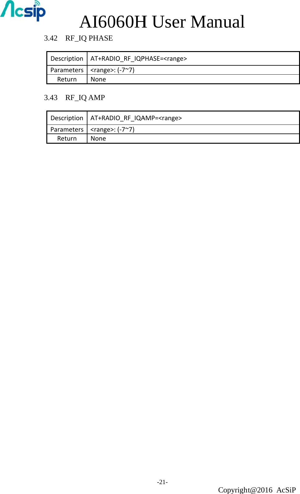 3.42  RFDescriptParametReturn3.43  RFDescriptParametReturn              AI60_IQ PHASEion AT+RAters &lt;rangenNone_IQ AMPion AT+RAters &lt;rangenNone060HEADIO_RF_IQPe&gt;:(‐7~7)ADIO_RF_IQAe&gt;:(‐7~7)H Use-21- PHASE=&lt;rangAMP=&lt;rangeer Mage&gt;&gt;anual Copyrightht@2016 AcSiP 
