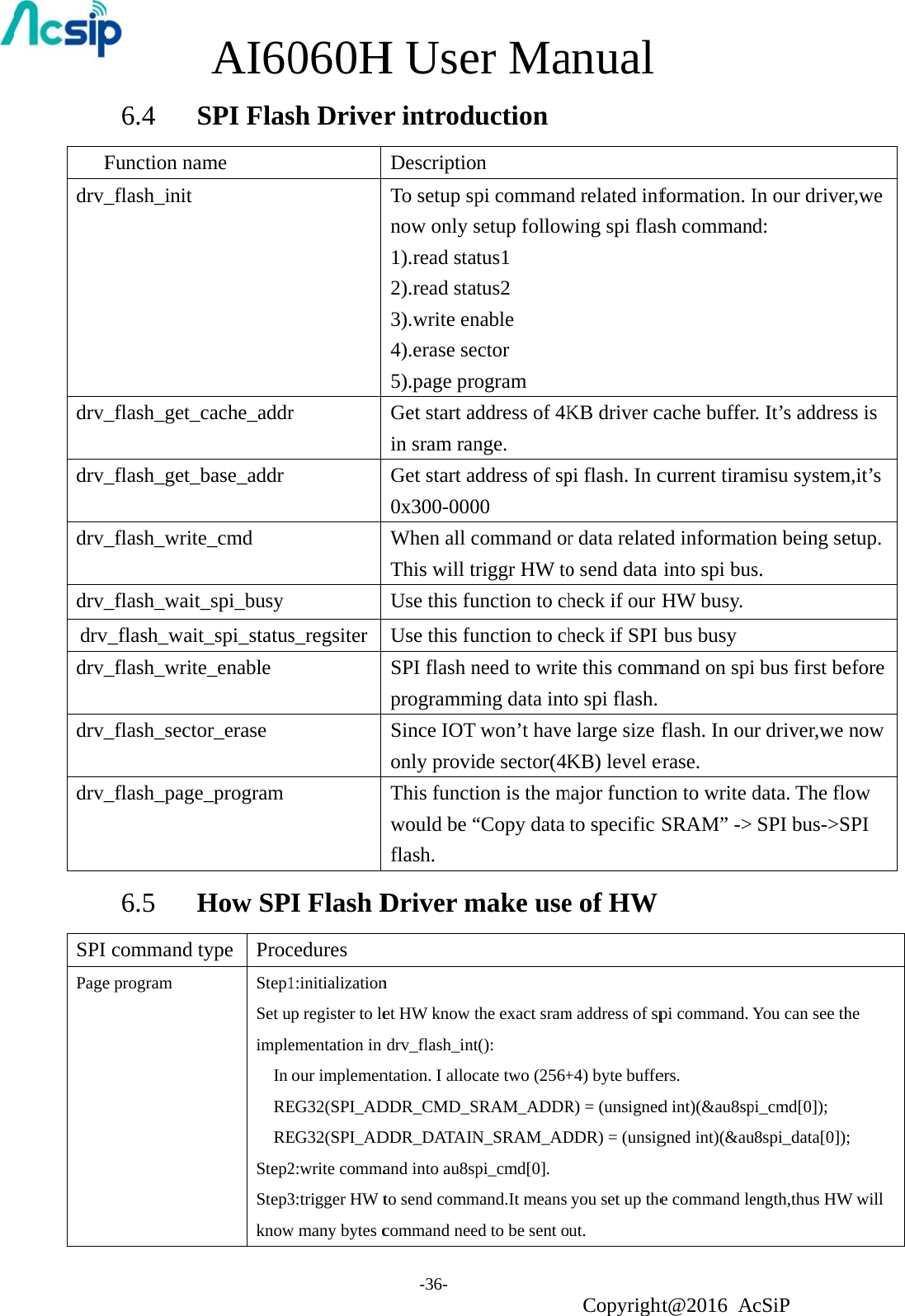   Fdrv_drv_drv_drv_drv_drvdrv_drv_drv_SPI Page 6.4   SFunction na_flash_init _flash_get__flash_get__flash_write_flash_waitv_flash_wait_flash_write_flash_secto_flash_page 6.5   Hcommand te program   AI60SPI Flasame _cache_addr_base_addr e_cmd t_spi_busy t_spi_statuse_enable or_erase e_program How SPtype ProcStep1Set upimple  In   RE  REStep2Step3know060Hsh Driver s_regsiterI Flash Dcedures 1:initializationp register to leementation in our implemenEG32(SPI_ADEG32(SPI_AD2:write comma3:trigger HW tw many bytes cH Use-36- r introduDescriptioTo setup spnow only s1).read sta2).read sta3).write en4).erase se5).page proGet start ain sram ranGet start a0x300-000When all cThis will trUse this fuUse this fuSPI flash nprogrammSince IOT only proviThis functiwould be “flash.  Driver mn et HW know tdrv_flash_intntation. I allocDDR_CMD_SDDR_DATAINand into au8spto send commcommand neeer Mauction n pi commandsetup followatus1 atus2 nable ector ogram ddress of 4Knge. ddress of sp00 command orriggr HW tounction to chunction to chneed to writming data intwon’t havede sector(4Kion is the m“Copy data make usethe exact sramt(): cate two (256+SRAM_ADDRN_SRAM_ADpi_cmd[0]. mand.It means ed to be sent oanual Copyrightd related infwing spi flasKB driver cpi flash. In cr data relateo send data heck if our heck if SPI e this commo spi flash. e large size fKB) level emajor functioto specific e of HW m address of sp+4) byte buffeR) = (unsignedDDR) = (unsigyou set up theut.  ht@2016 Aformation. Ish commancache buffercurrent tiramed informatiinto spi busHW busy. bus busy   mand on spiflash. In ouerase. on to write dSRAM” -&gt; pi command. Yers. d int)(&amp;au8spgned int)(&amp;aue command lecSiP In our drived: r. It’s addresmisu systemion being ses. i bus first beur driver,we data. The flSPI bus-&gt;SYou can see thpi_cmd[0]); u8spi_data[0])ength,thus HWer,we ss is m,it’s etup. efore now ow SPI he ; W will 