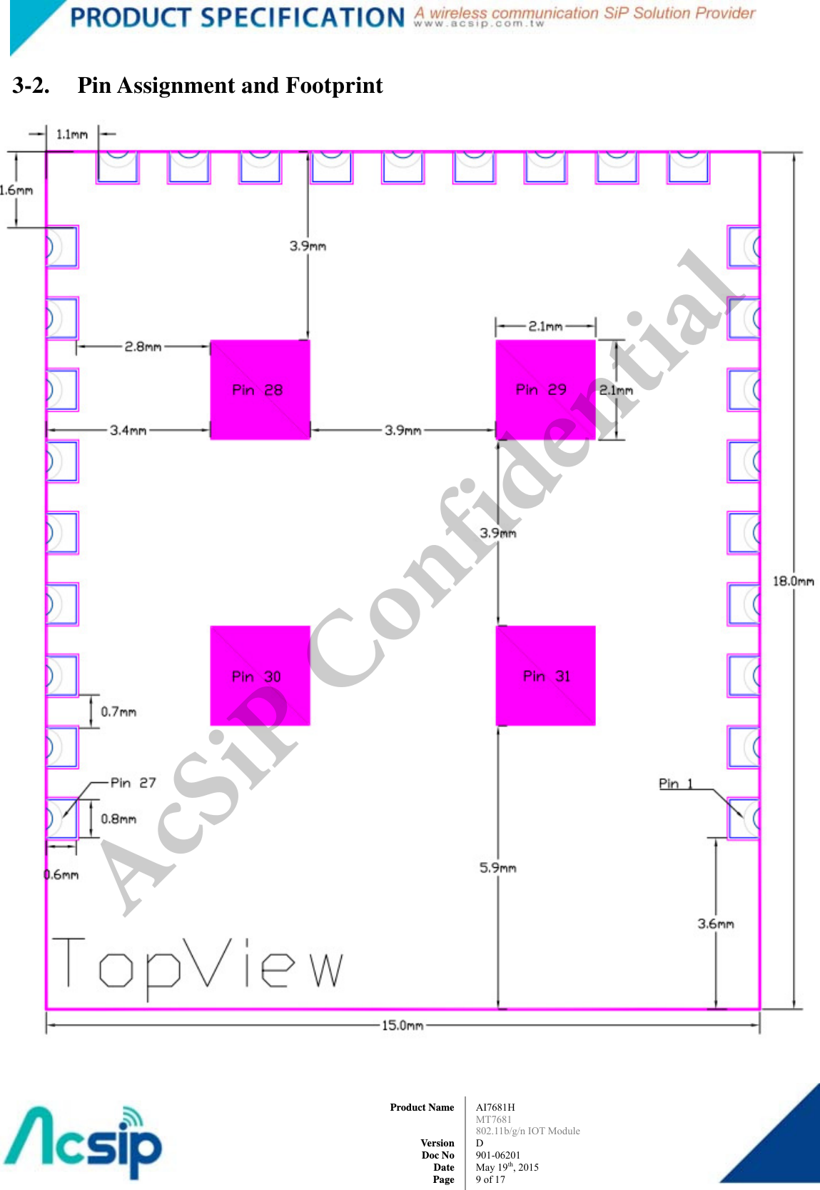  AI7681H MT7681  802.11b/g/n IOT Module D 901-06201 May 19th, 2015 9of 17Product Name   Version Doc No Date Page3-2. Pin Assignment and Footprint  AcSiP Confidential