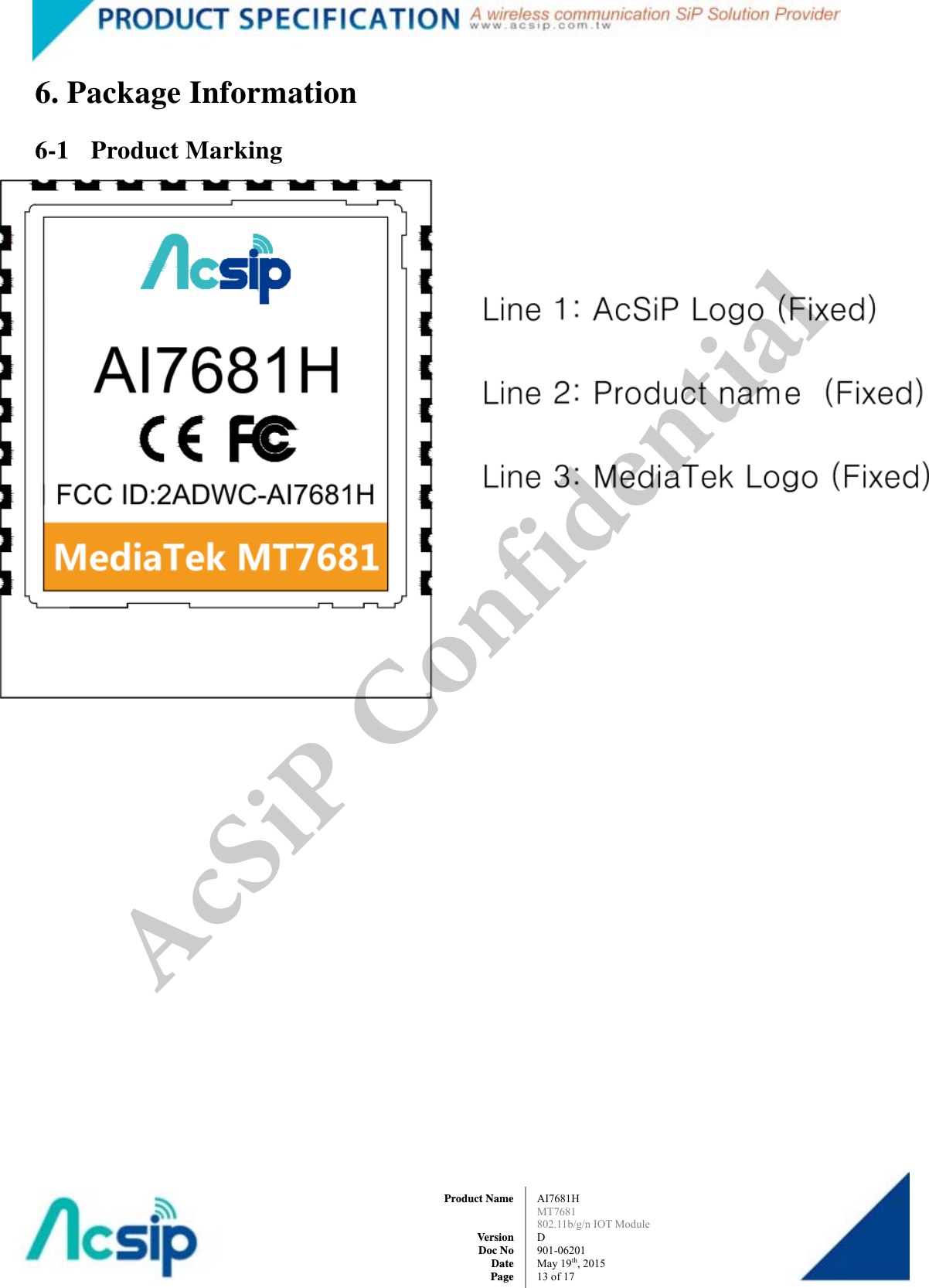  AI7681H MT7681  802.11b/g/n IOT Module D 901-06201 May 19th, 2015 13 of 17Product Name   Version Doc No Date Page6. Package Information 6-1 Product Marking   AcSiP Confidential