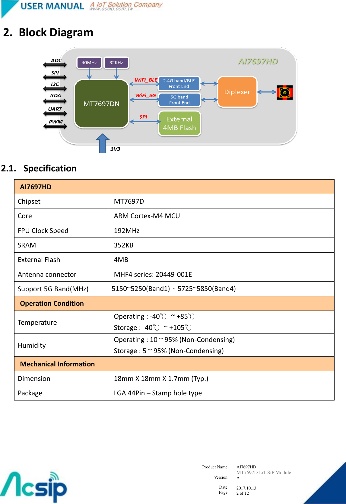   AI7697HD MT7697D IoT SiP Module A  2017.10.13 2 of 12 Product Name    Version  Date Page 2. Block Diagram  2.1. Specification AI7697HD Chipset MT7697D Core ARM Cortex-M4 MCU FPU Clock Speed 192MHz SRAM 352KB External Flash 4MB Antenna connector MHF4 series: 20449-001E Support 5G Band(MHz) 5150~5250(Band1)、5725~5850(Band4) Operation Condition Temperature Operating : -40℃  ~ +85℃ Storage : -40℃  ~ +105℃ Humidity Operating : 10 ~ 95% (Non-Condensing) Storage : 5 ~ 95% (Non-Condensing) Mechanical Information Dimension 18mm X 18mm X 1.7mm (Typ.) Package LGA 44Pin – Stamp hole type   