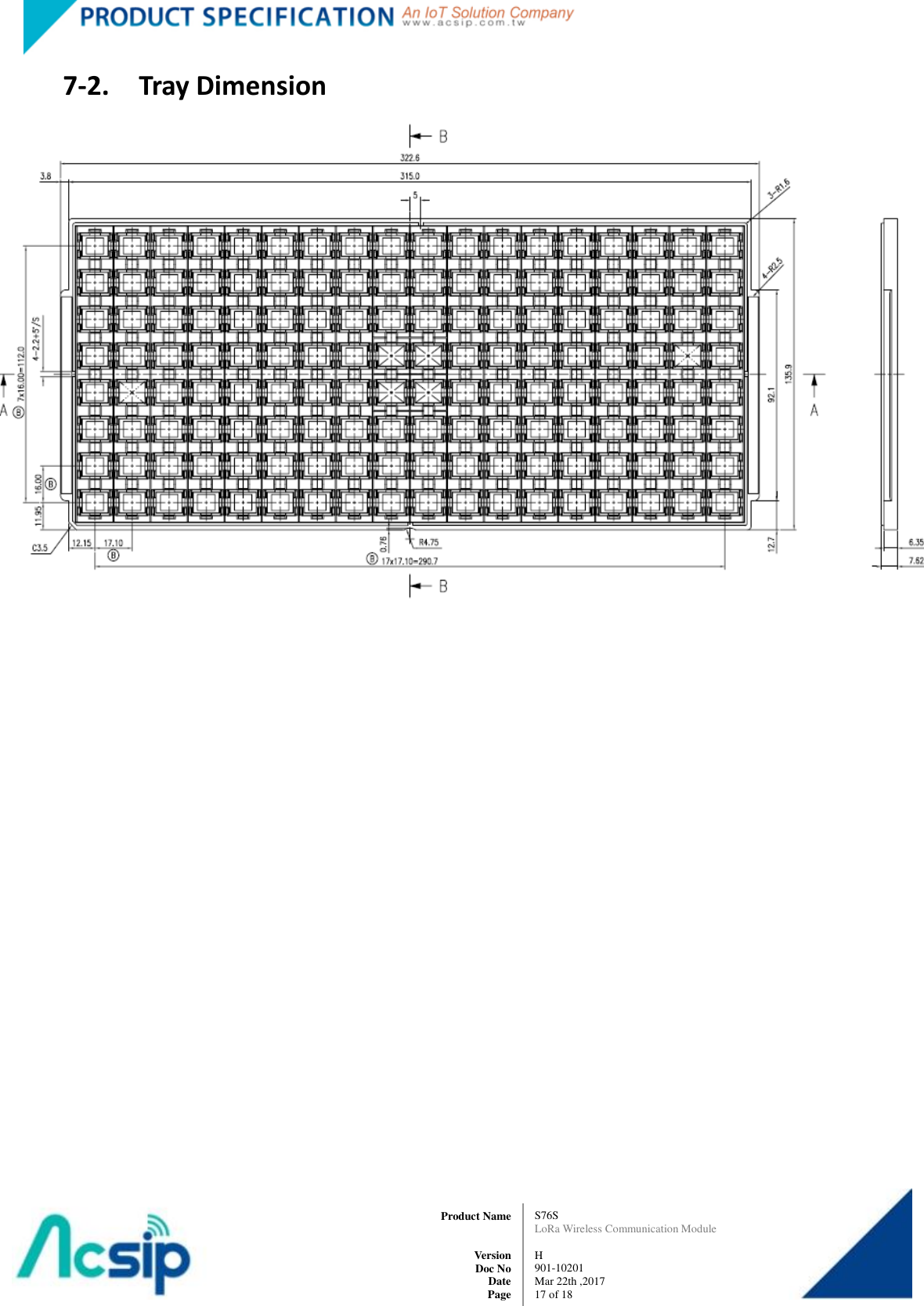   S76S LoRa Wireless Communication Module  H 901-10201 Mar 22th ,2017 17 of 18   Product Name     Version Doc No Date Page 7-2.    Tray Dimension  