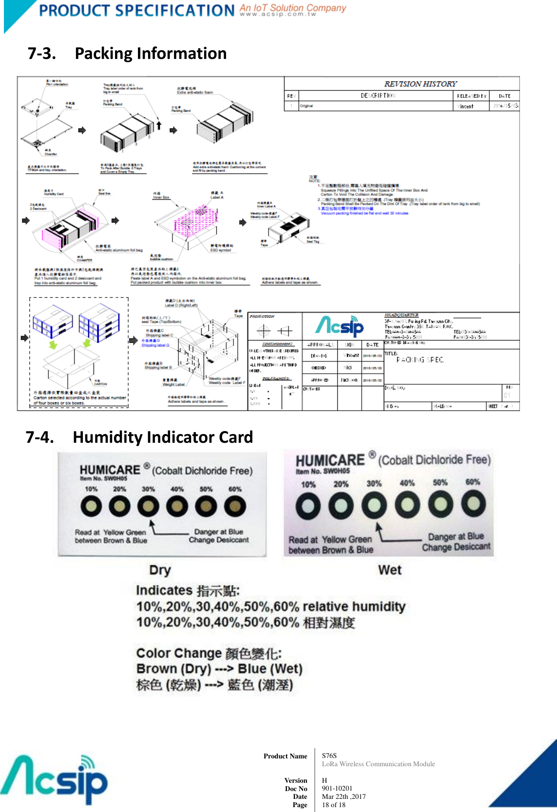   S76S LoRa Wireless Communication Module  H 901-10201 Mar 22th ,2017 18 of 18   Product Name     Version Doc No Date Page 7-3.    Packing Information  7-4.    Humidity Indicator Card                