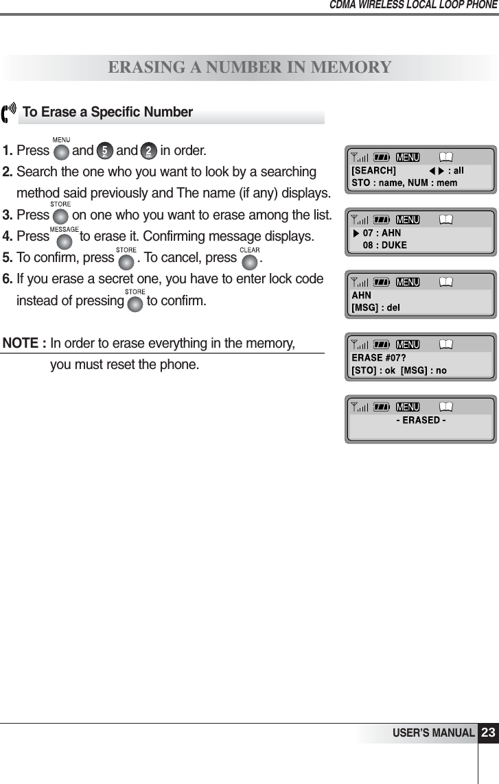 23USER&rsquo;S MANUALCDMA WIRELESS LOCAL LOOP PHONEERASING A NUMBER IN MEMORYTo Erase a Specific Number1. Press      and      and      in order. 2. Search the one who you want to look by a searchingmethod said previously and The name (if any) displays. 3. Press      on one who you want to erase among the list.4. Press        to erase it. Confirming message displays.5. To confirm, press      . To cancel, press      . 6. If you erase a secret one, you have to enter lock codeinstead of pressing      to confirm.NOTE : In order to erase everything in the memory, you must reset the phone.