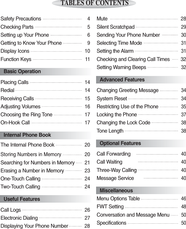 Safety Precautions4 Checking Parts 5Setting up Your Phone6Getting to Know Your Phone9Display Icons10Function Keys11Basic OperationPlacing Calls14 Redial14Receiving Calls15Adjusting Volumes16Choosing the Ring Tone17On-Hook Call17Internal Phone BookThe Internal Phone Book20Storing Numbers in Memory 20Searching for Numbers in Memory21Erasing a Number in Memory23   One-Touch Calling24   Two-Touch Calling24Useful FeaturesCall Logs26Electronic Dialing27Displaying Your Phone Number28Mute28Silent Scratchpad 29Sending Your Phone Number30Selecting Time Mode31Setting the Alarm31Checking and Clearing Call Times 32Setting Warning Beeps32Advanced FeaturesChanging Greeting Message34System Reset34 Restricting Use of the Phone35Locking the Phone37Changing the Lock Code38Tone Length38Optional FeaturesCall Forwarding40Call Waiting40Three-Way Calling40Message Service40MiscellaneousMenu Options Table46FWT Setting48Conversation and Message Menu50Specifications50TABLES OF CONTENTS