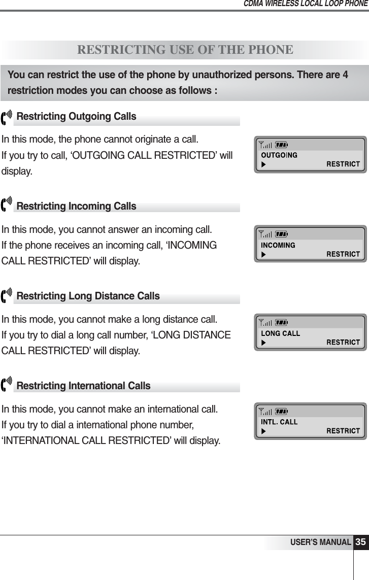 35USER&rsquo;S MANUALCDMA WIRELESS LOCAL LOOP PHONERestricting Outgoing CallsIn this mode, the phone cannot originate a call.If you try to call, &lsquo;OUTGOING CALL RESTRICTED&rsquo; willdisplay.Restricting Incoming Calls In this mode, you cannot answer an incoming call. If the phone receives an incoming call, &lsquo;INCOMING CALL RESTRICTED&rsquo; will display.Restricting Long Distance Calls In this mode, you cannot make a long distance call. If you try to dial a long call number, &lsquo;LONG DISTANCECALL RESTRICTED&rsquo; will display.Restricting International Calls In this mode, you cannot make an international call.If you try to dial a international phone number,&lsquo;INTERNATIONAL CALL RESTRICTED&rsquo; will display.RESTRICTING USE OF THE PHONEYou can restrict the use of the phone by unauthorized persons. There are 4restriction modes you can choose as follows :