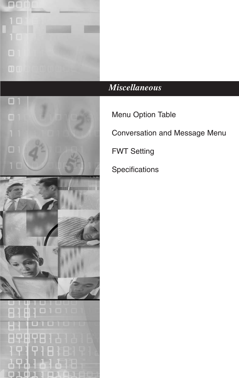 Menu Option TableConversation and Message MenuFWT SettingSpecificationsMiscellaneous
